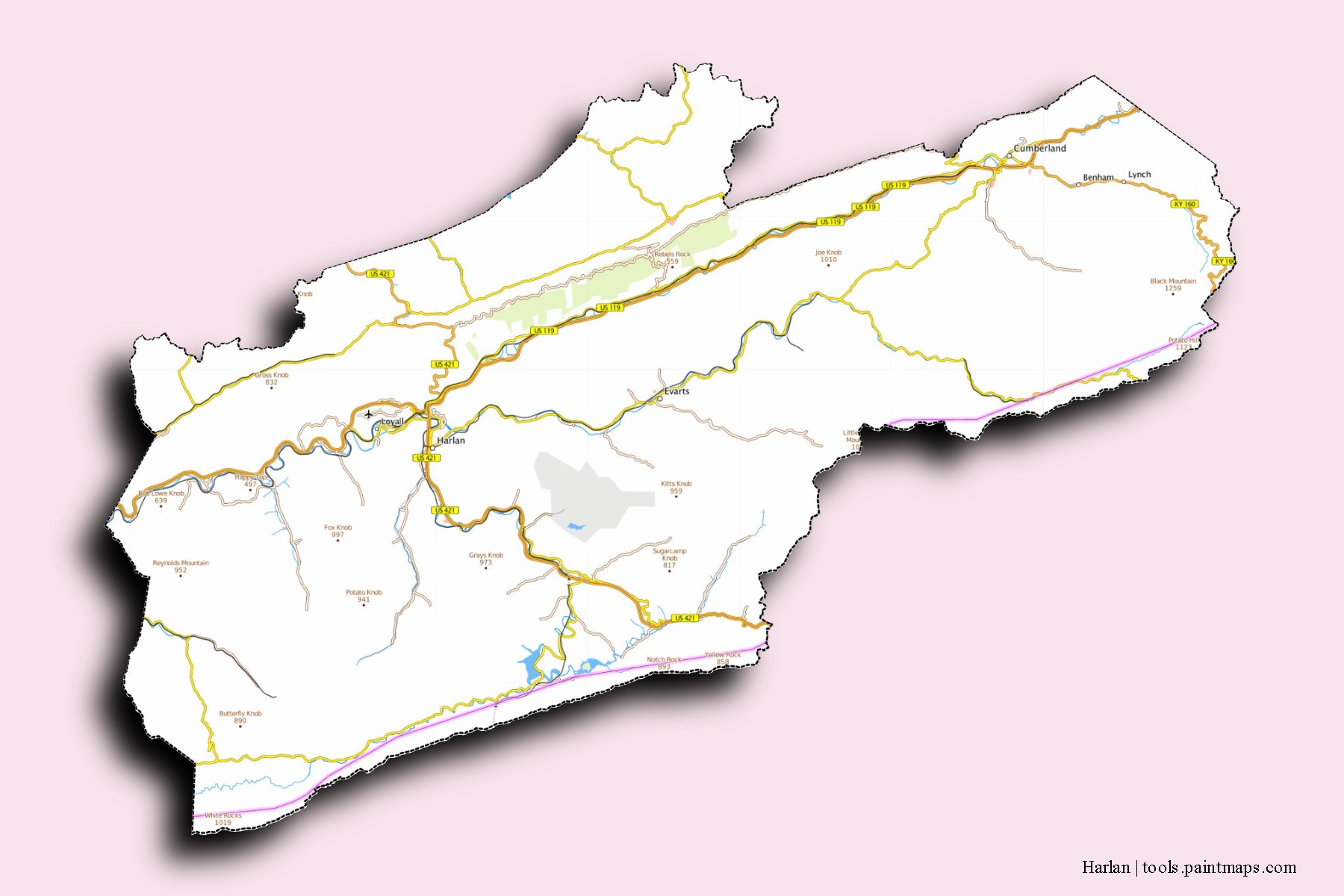 Harlan neighborhoods and villages map with 3D shadow effect