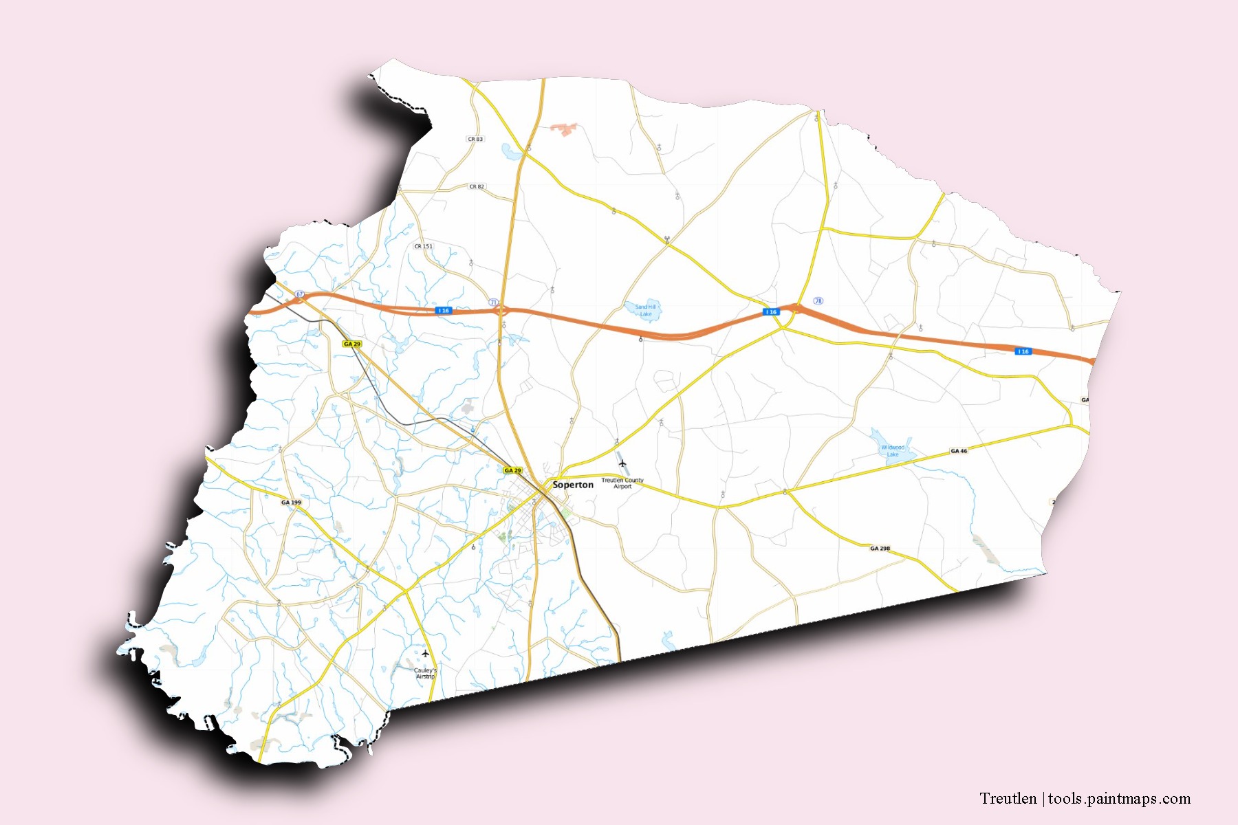 Treutlen neighborhoods and villages map with 3D shadow effect