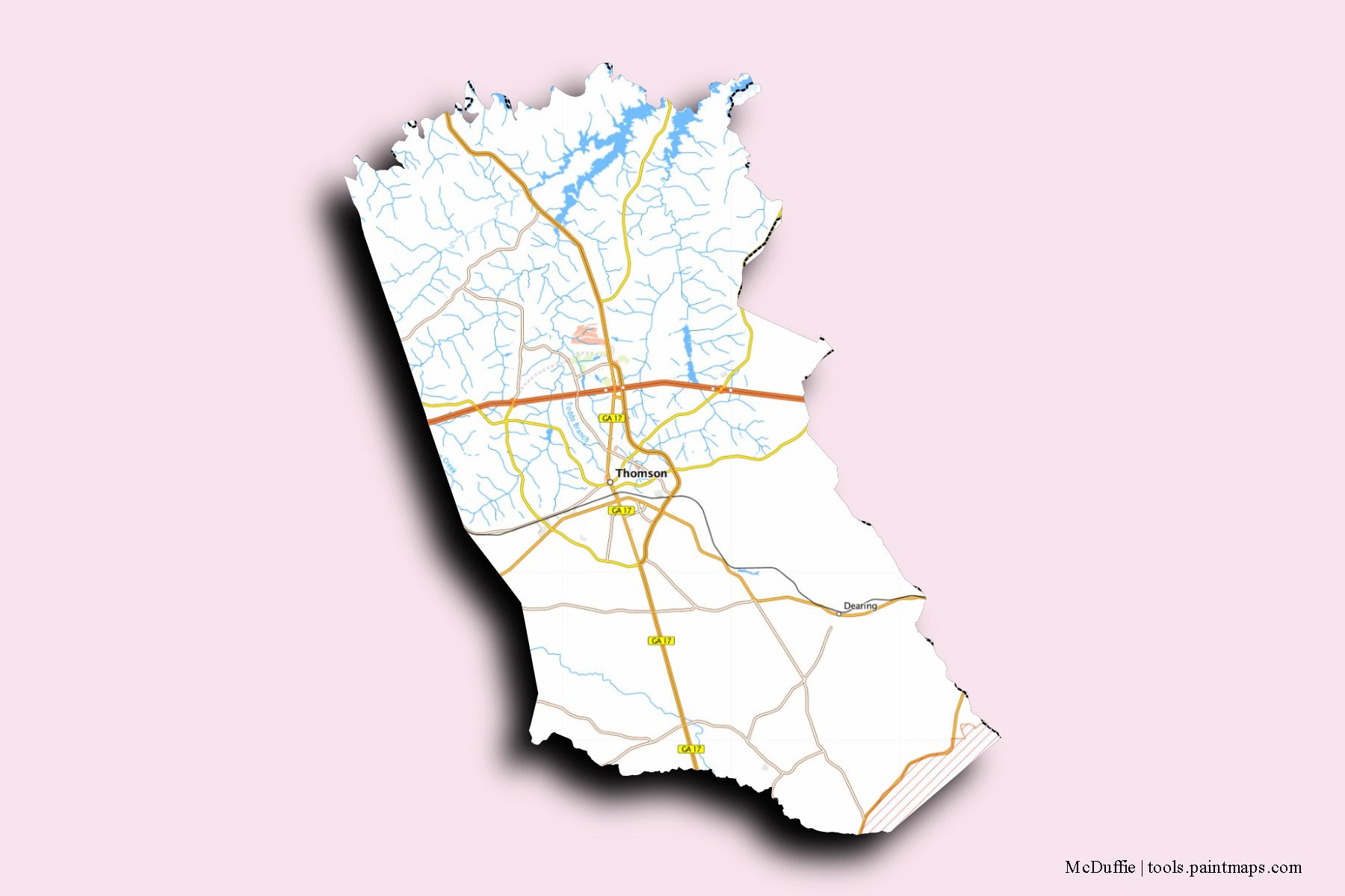 Mapa de barrios y pueblos de McDuffie con efecto de sombra 3D