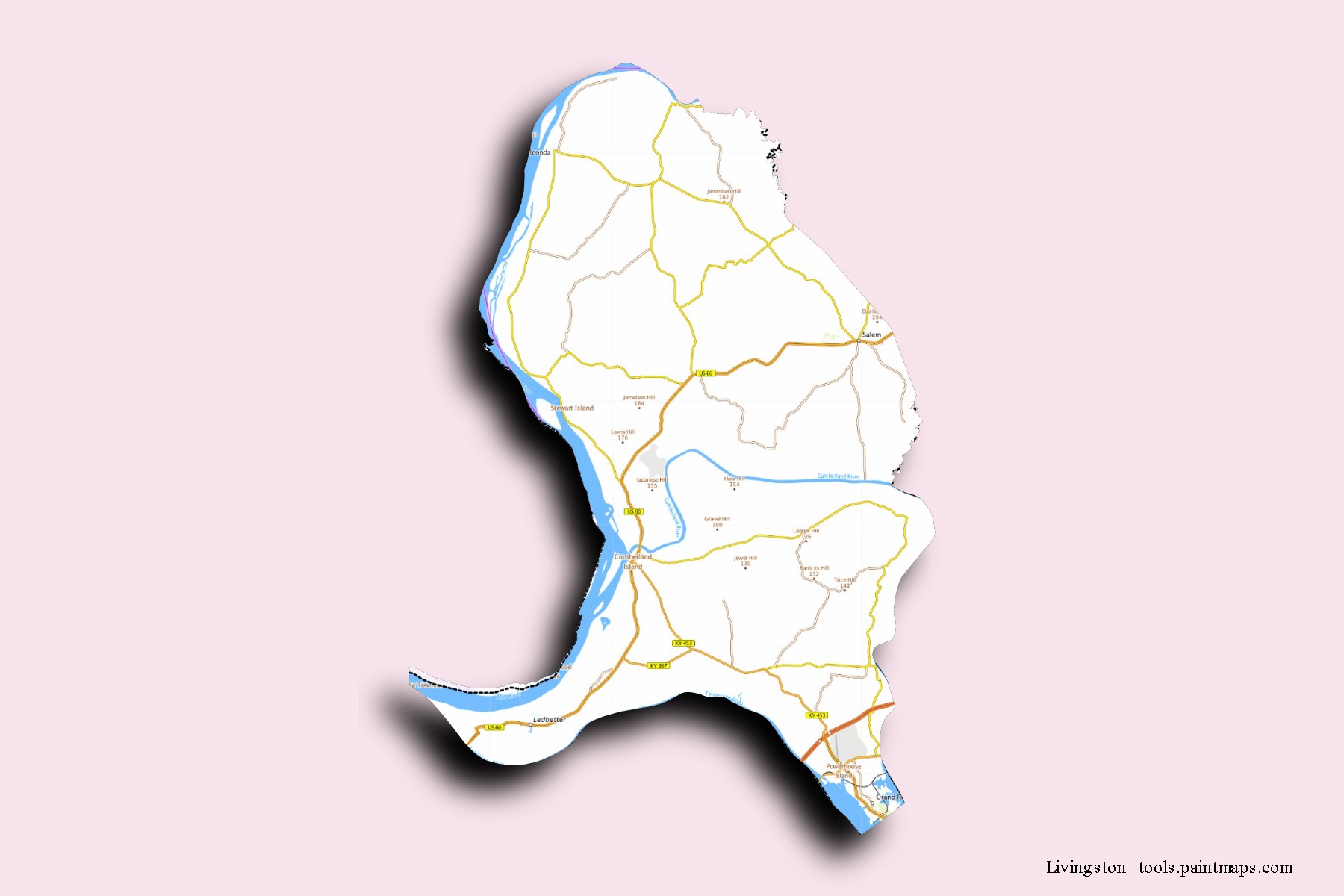 Livingston neighborhoods and villages map with 3D shadow effect