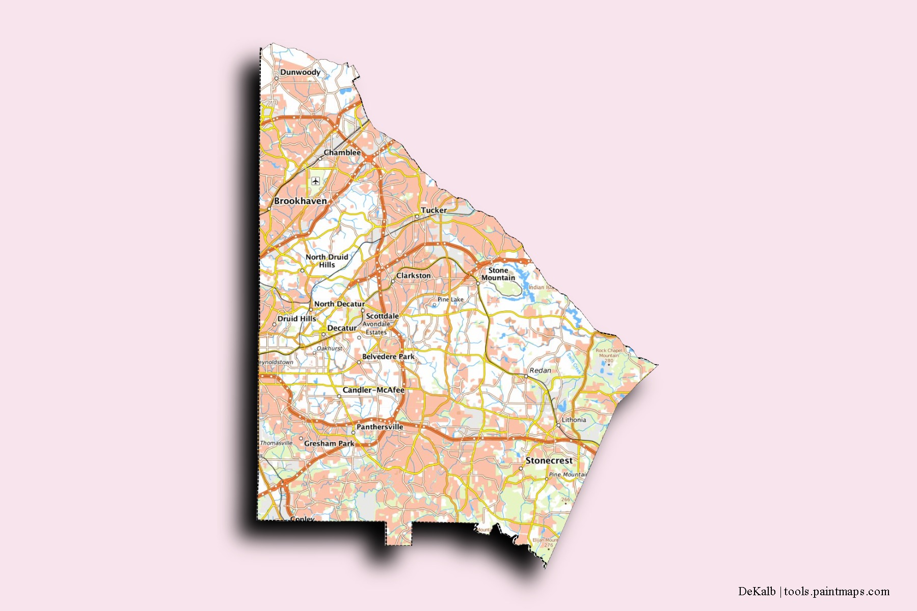 DeKalb neighborhoods and villages map with 3D shadow effect