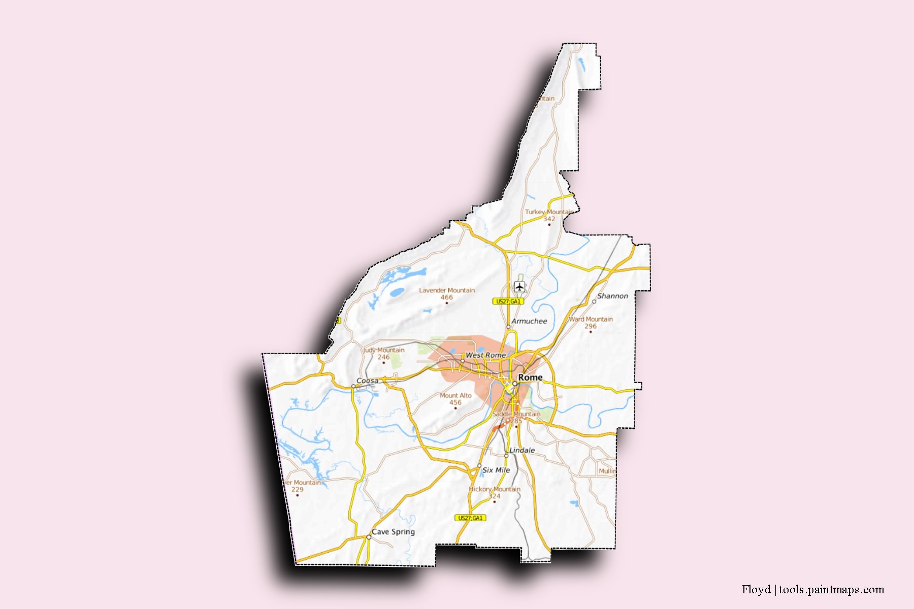 Mapa de barrios y pueblos de Floyd con efecto de sombra 3D