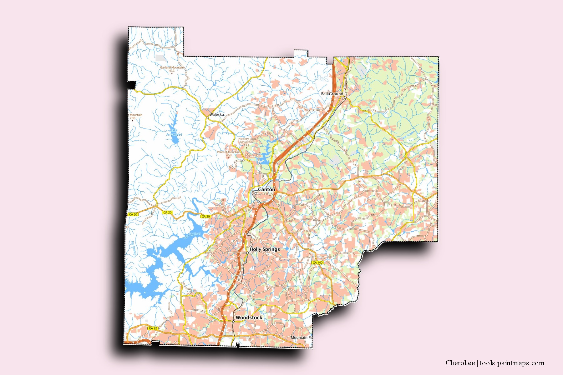 Cherokee neighborhoods and villages map with 3D shadow effect