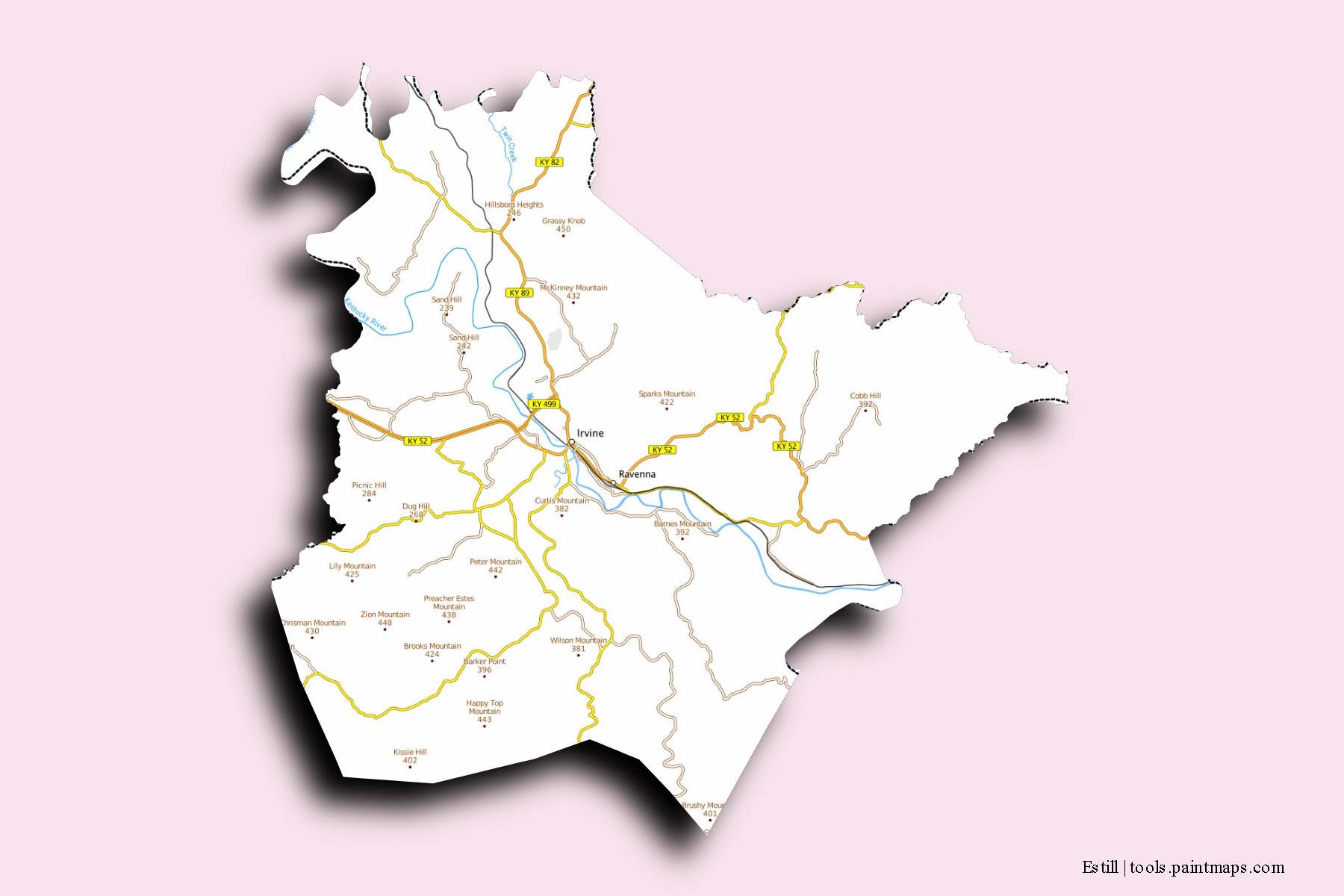 Mapa de barrios y pueblos de Estill con efecto de sombra 3D