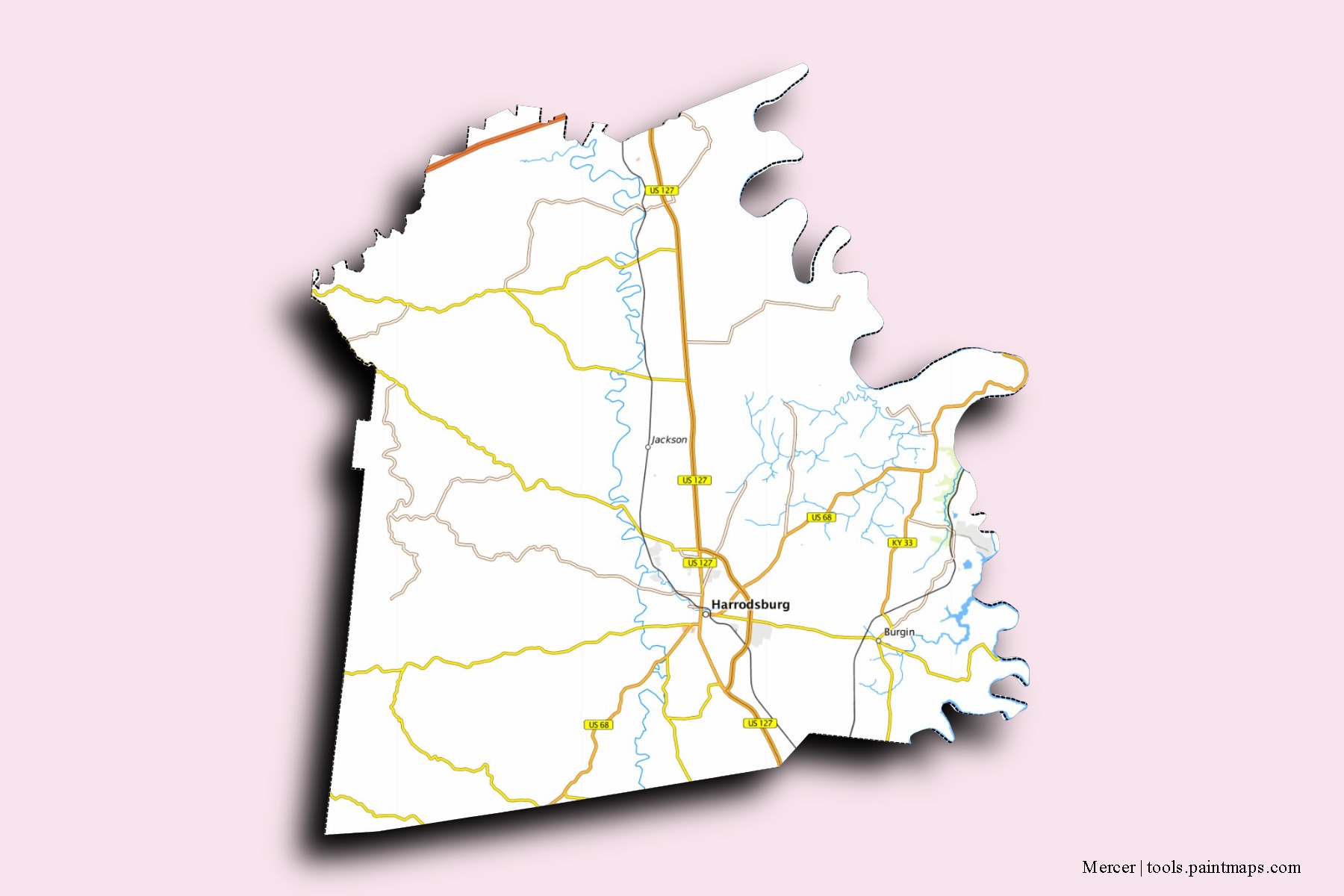 Mercer neighborhoods and villages map with 3D shadow effect