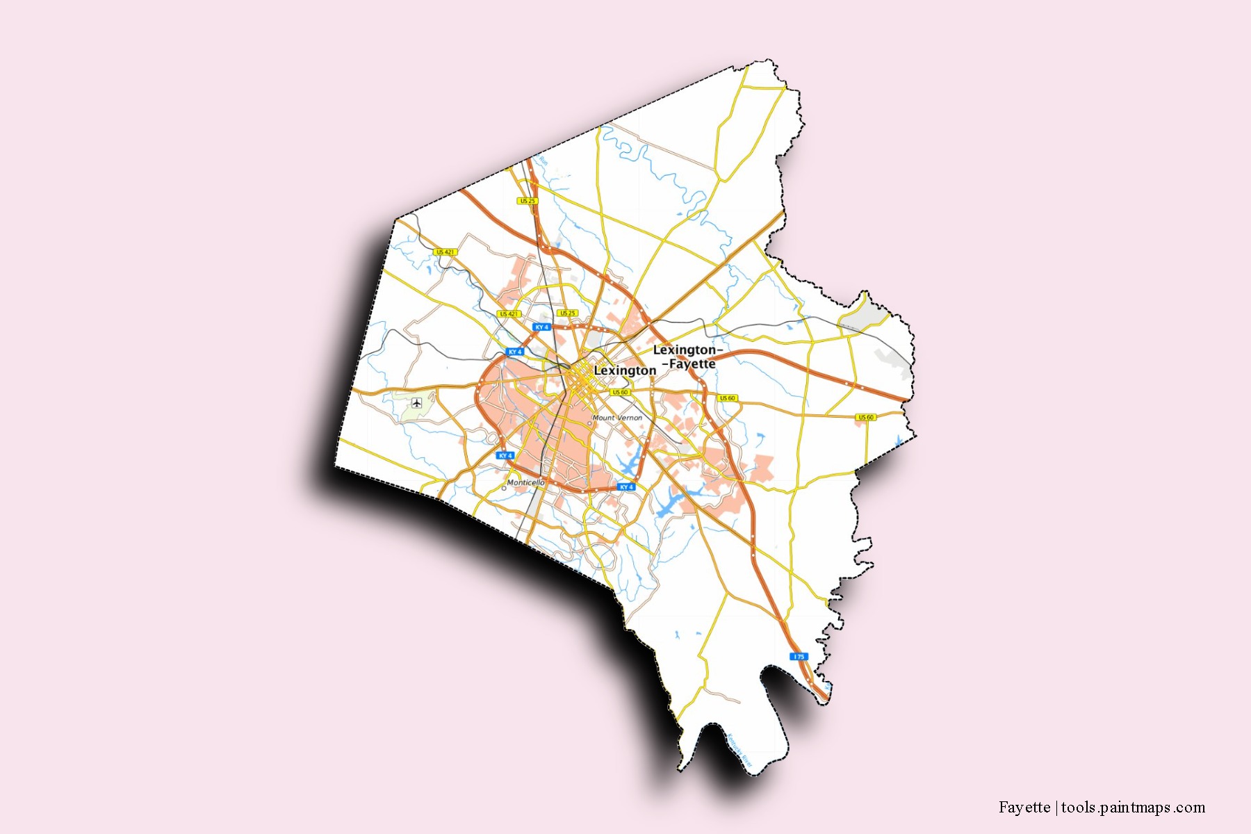 Fayette neighborhoods and villages map with 3D shadow effect