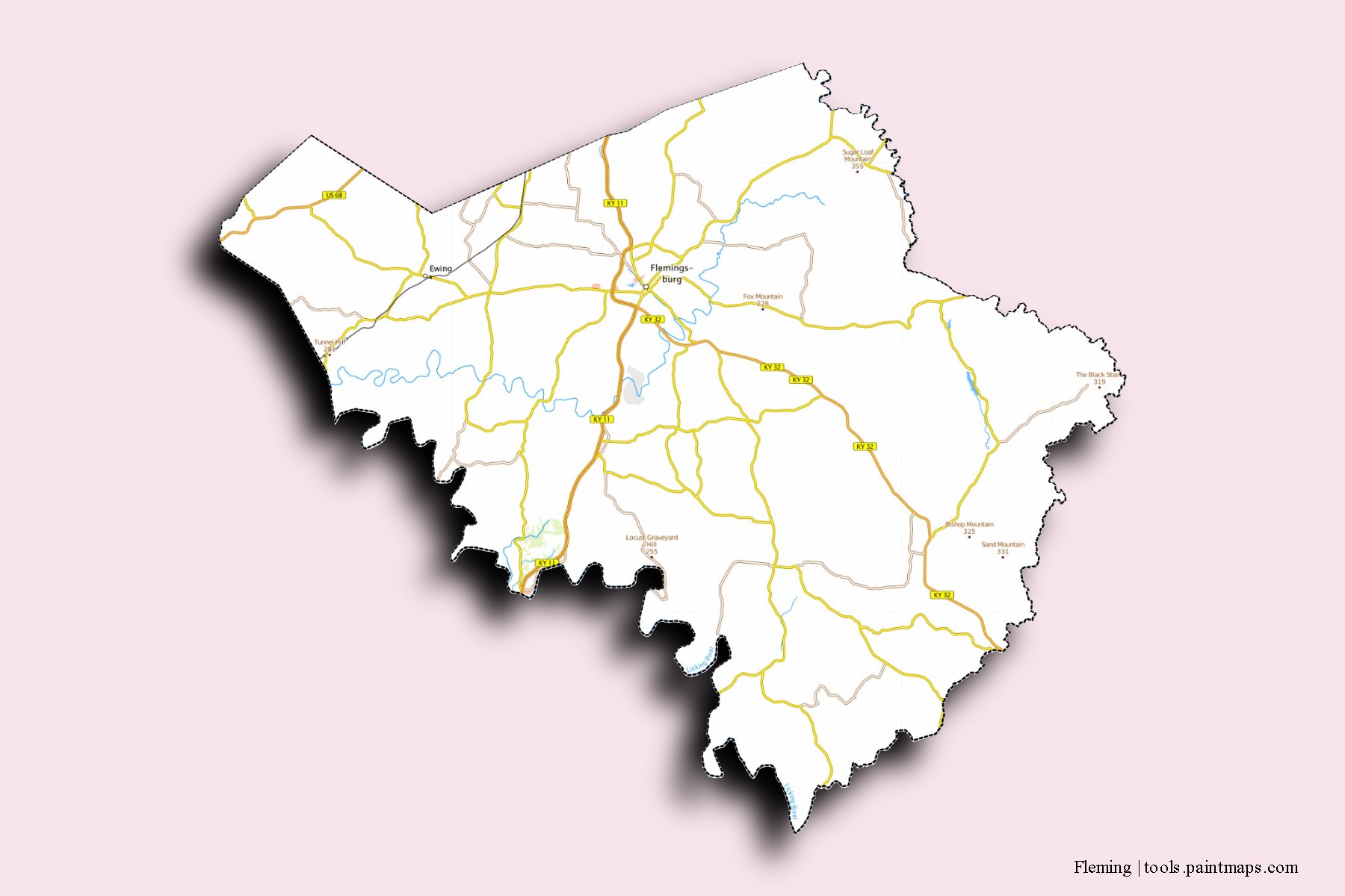 Mapa de barrios y pueblos de Fleming con efecto de sombra 3D