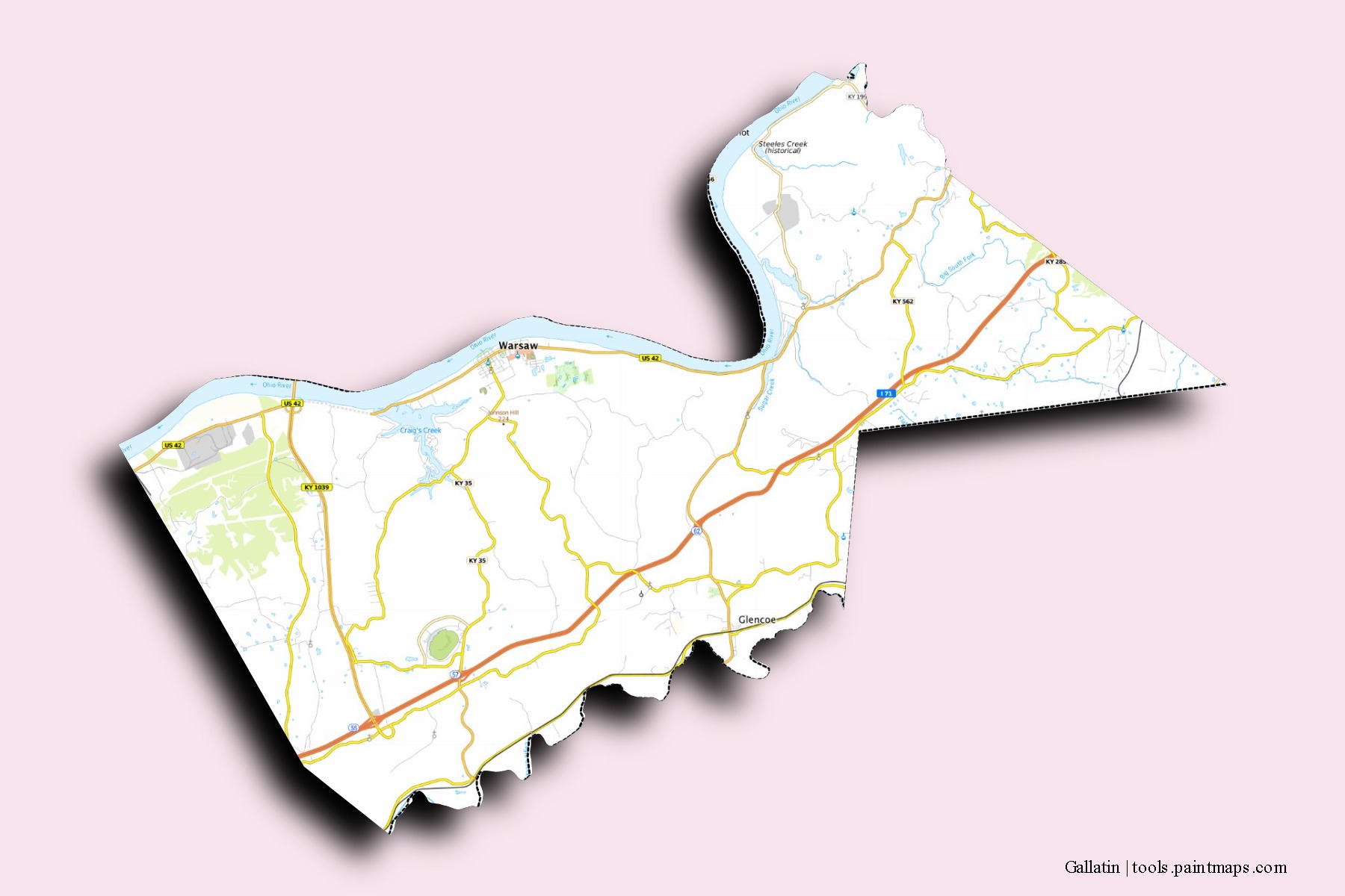 Mapa de barrios y pueblos de Gallatin con efecto de sombra 3D