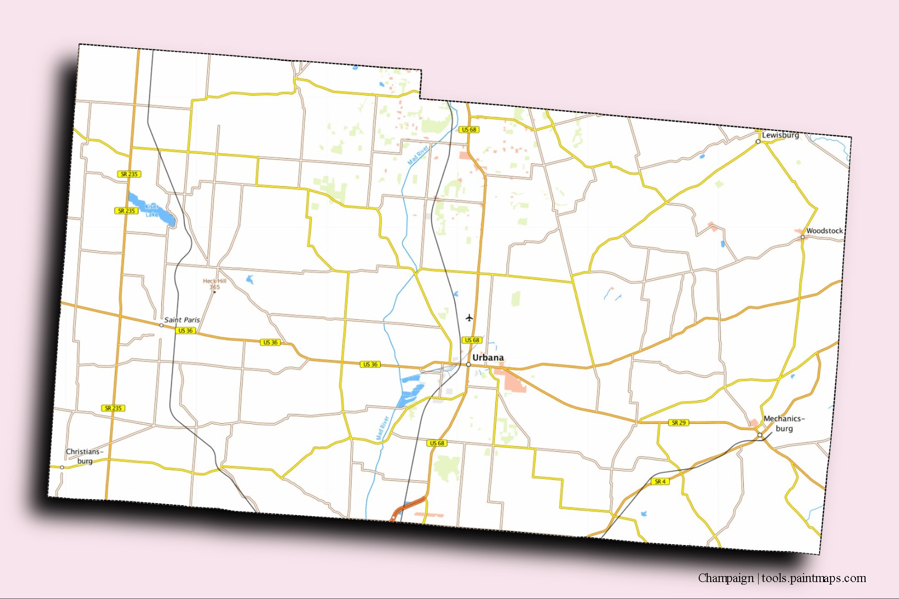 Mapa de barrios y pueblos de Champaign con efecto de sombra 3D