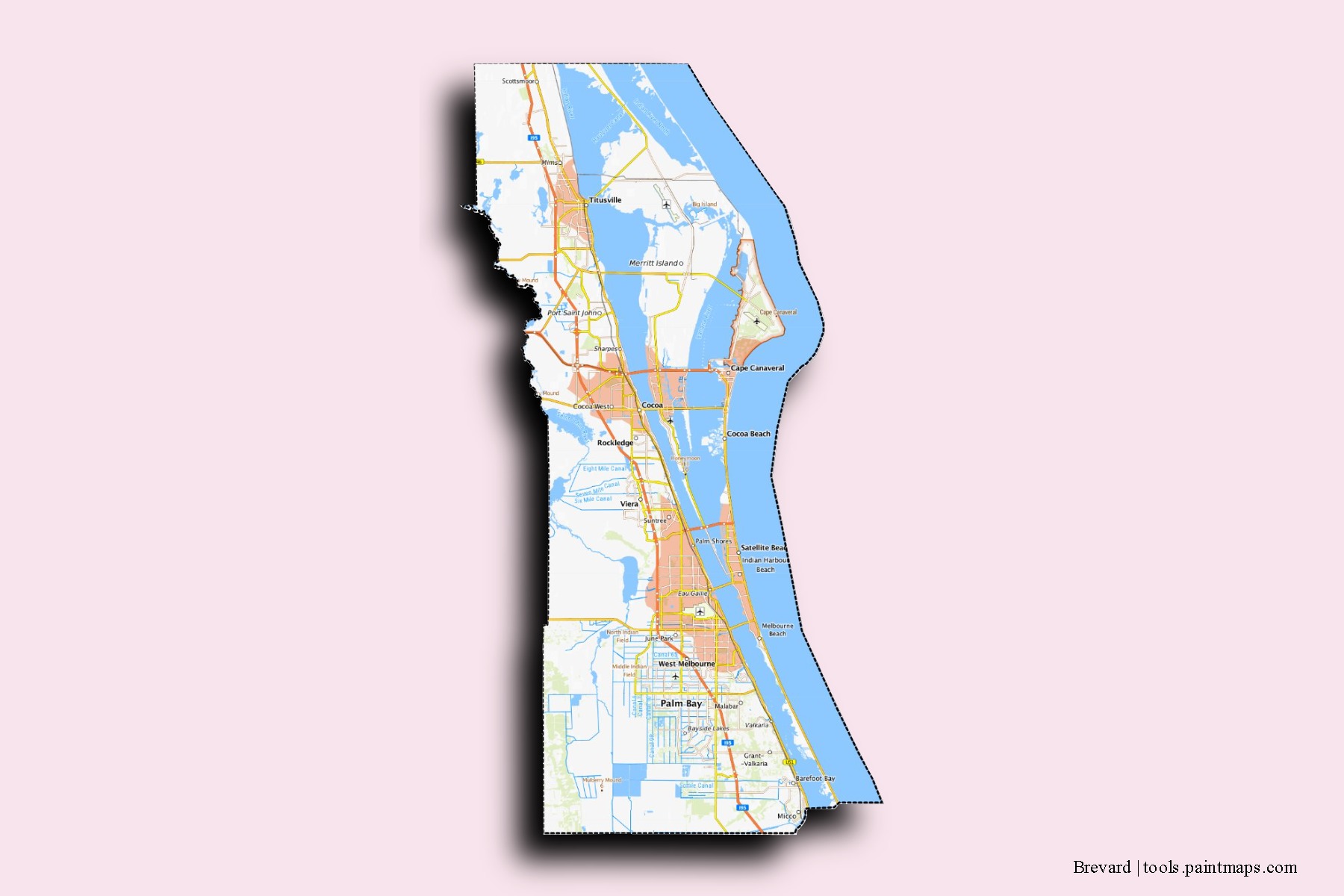 Brevard neighborhoods and villages map with 3D shadow effect