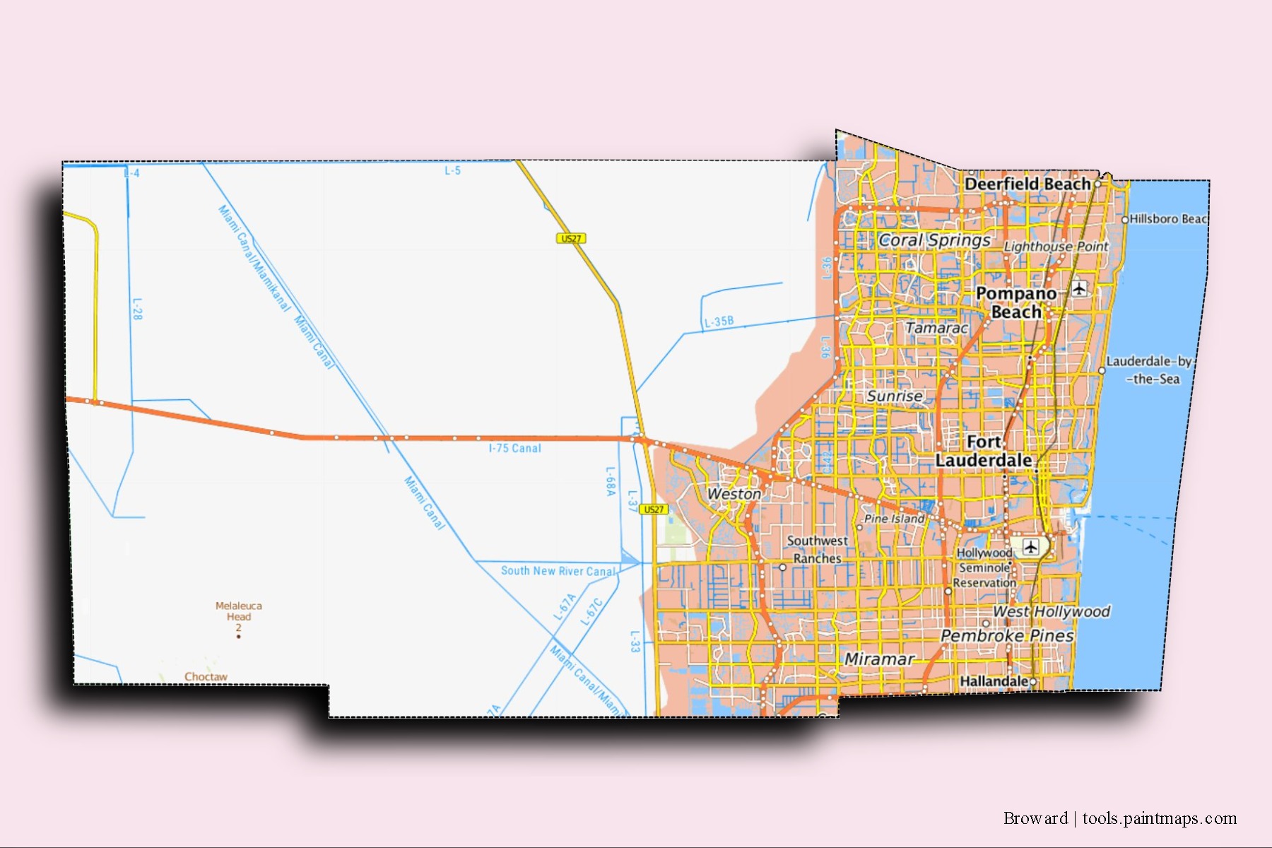 Broward neighborhoods and villages map with 3D shadow effect