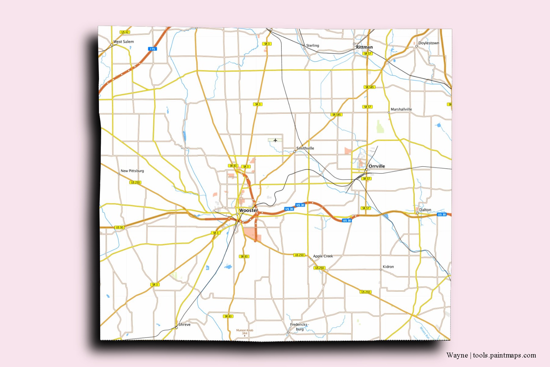 Wayne neighborhoods and villages map with 3D shadow effect