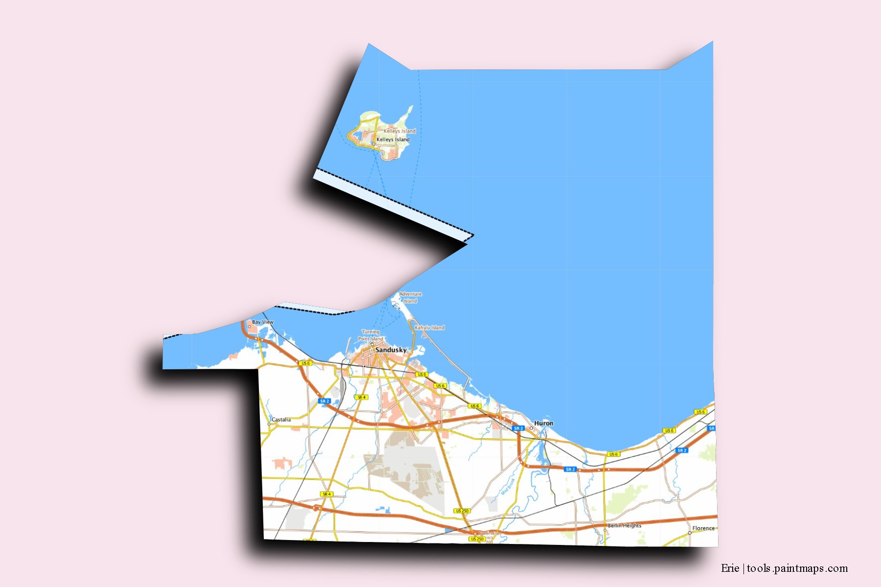 Mapa de barrios y pueblos de Erie con efecto de sombra 3D