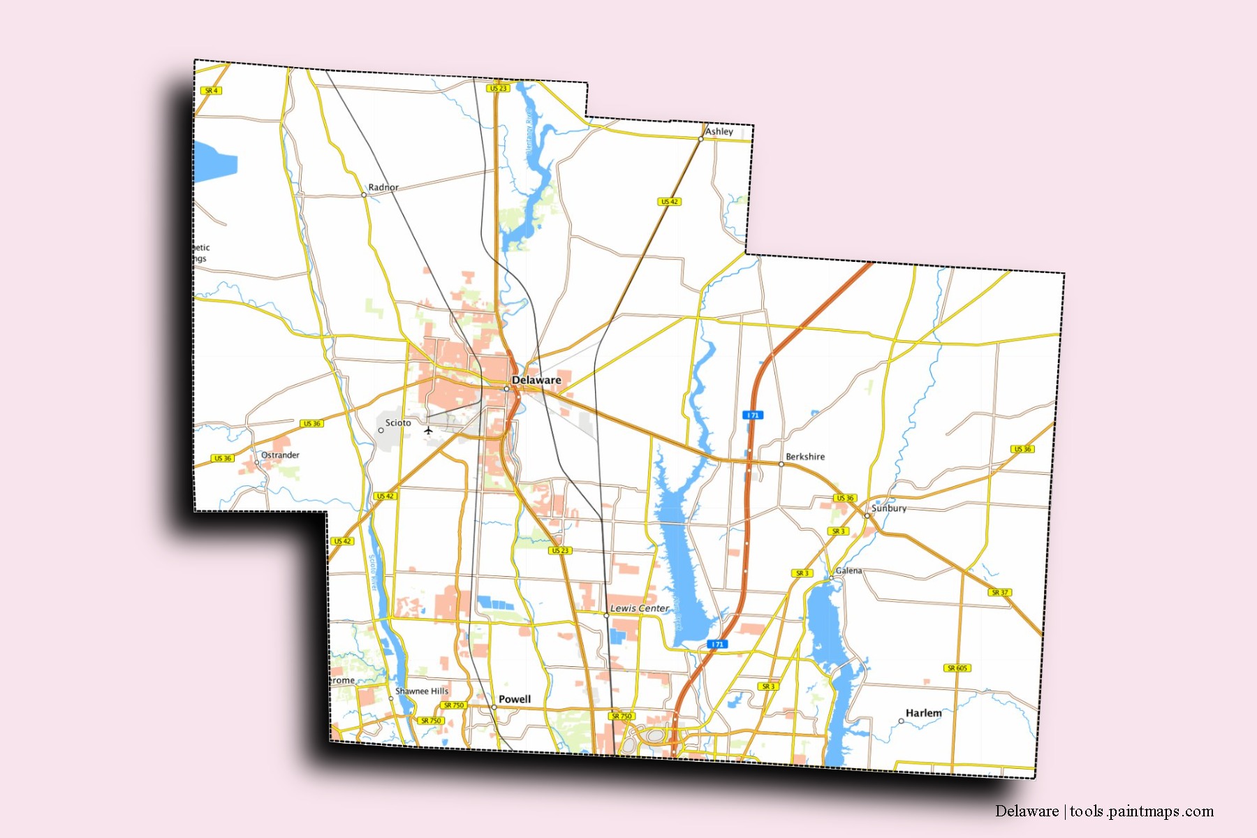 Delaware neighborhoods and villages map with 3D shadow effect