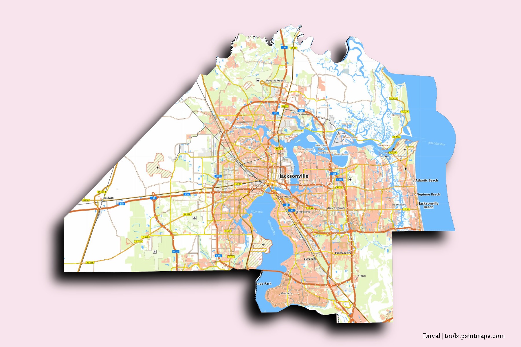 Mapa de barrios y pueblos de Duval con efecto de sombra 3D