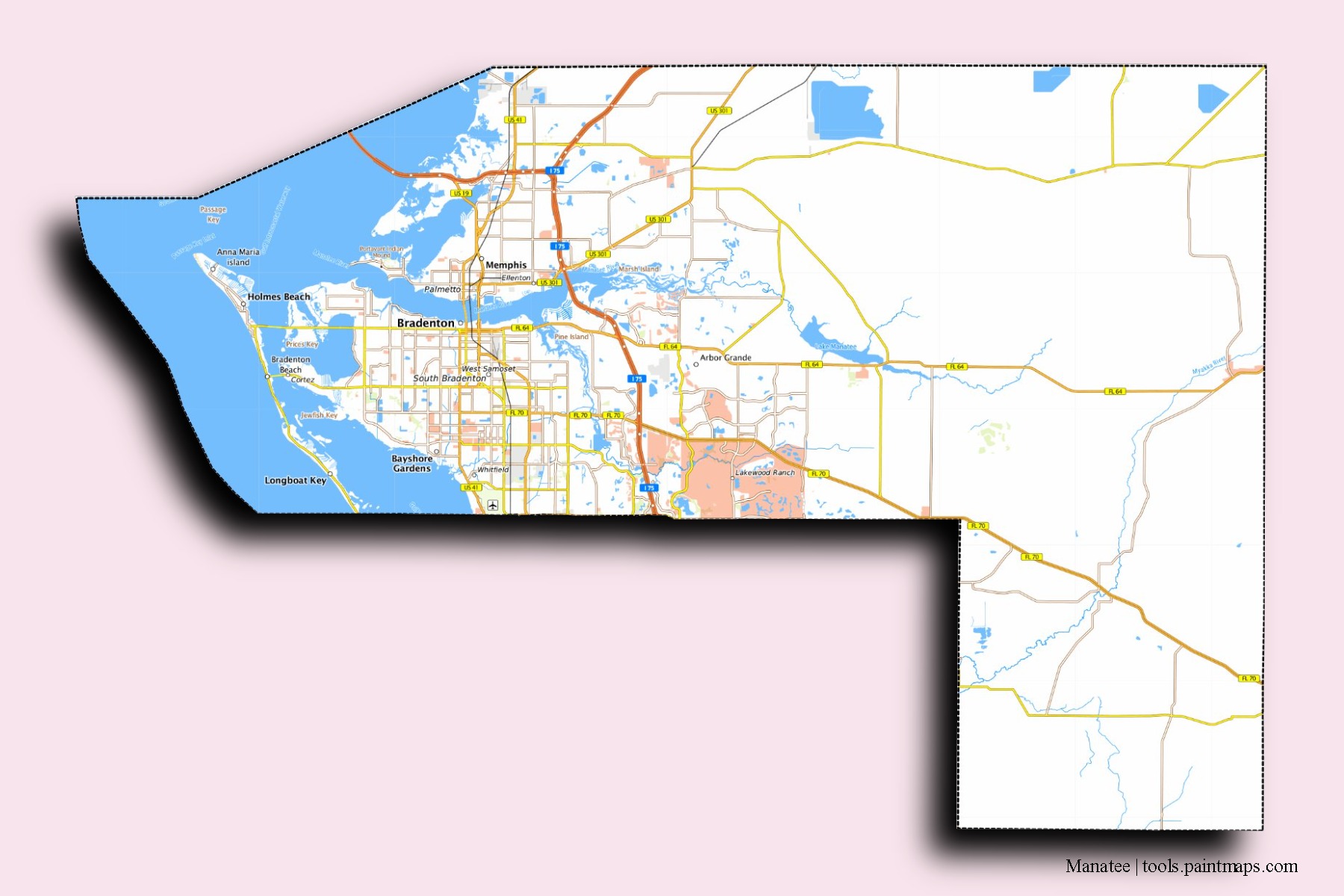 Manatee neighborhoods and villages map with 3D shadow effect