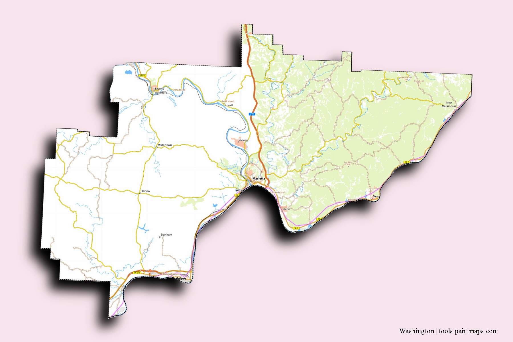 Washington neighborhoods and villages map with 3D shadow effect