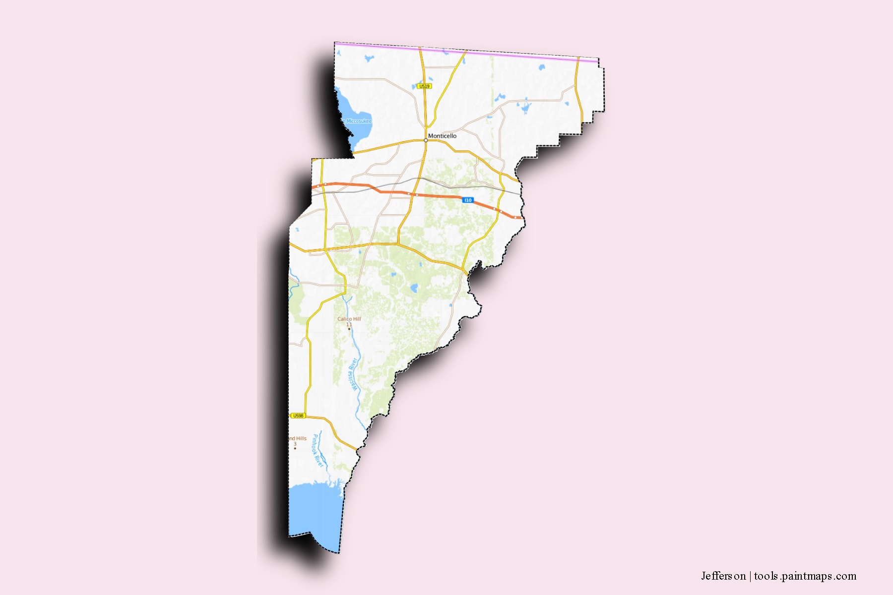 Mapa de barrios y pueblos de Jefferson con efecto de sombra 3D