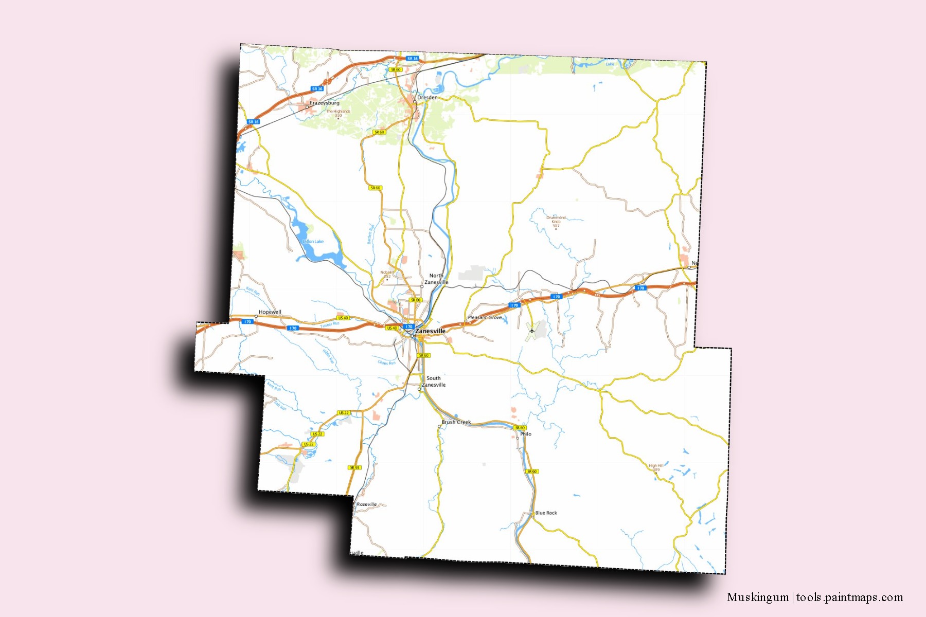 3D gölge efektli Muskingum County mahalleleri ve köyleri haritası