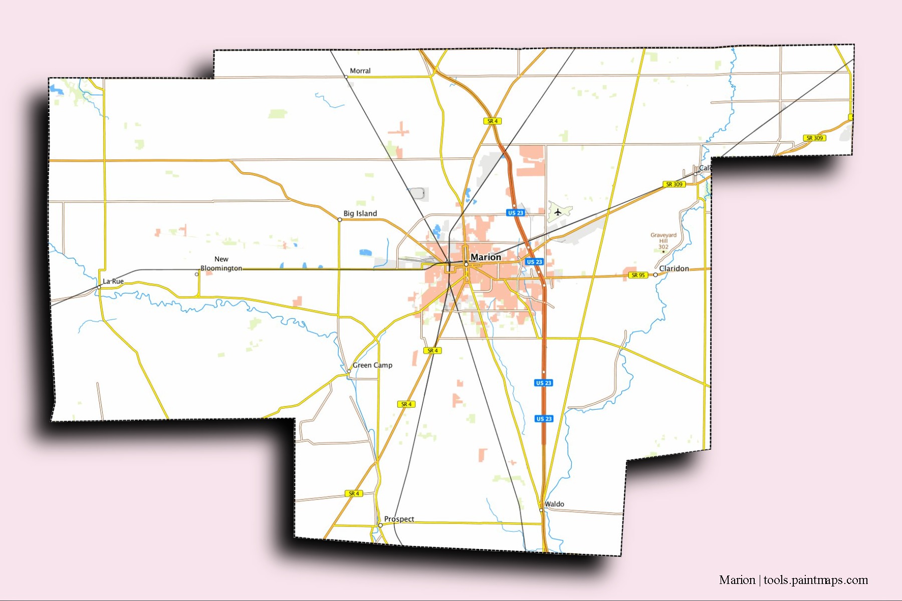 Mapa de barrios y pueblos de Marion con efecto de sombra 3D