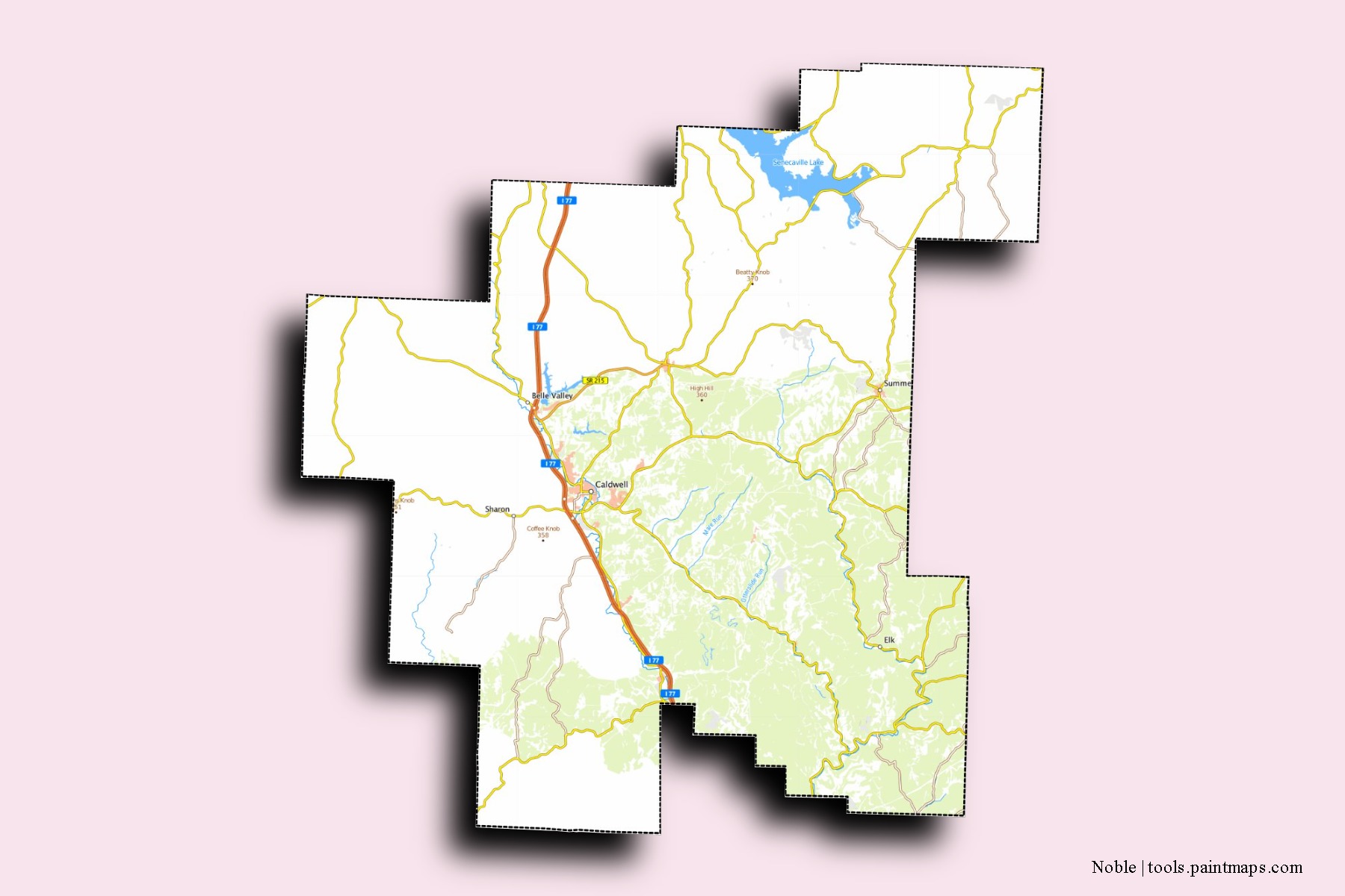 Mapa de barrios y pueblos de Noble con efecto de sombra 3D