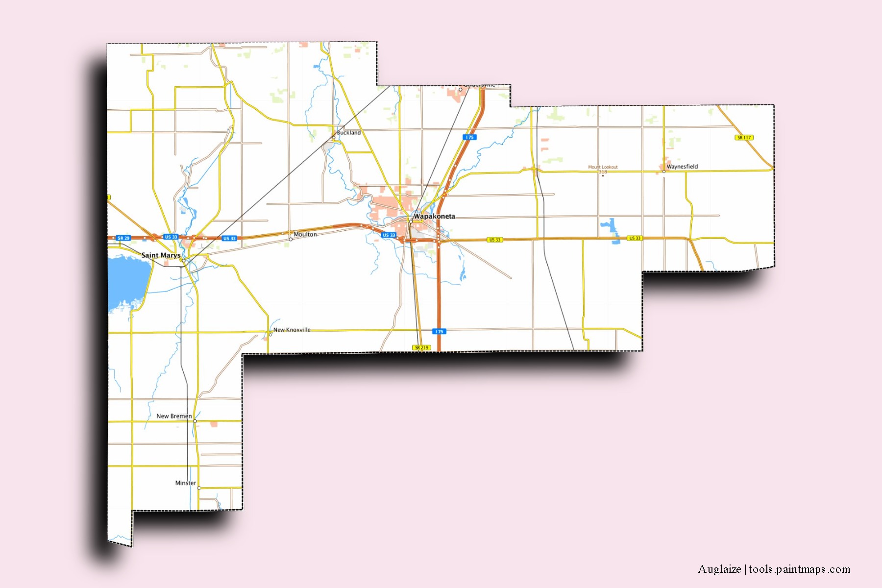 Auglaize neighborhoods and villages map with 3D shadow effect