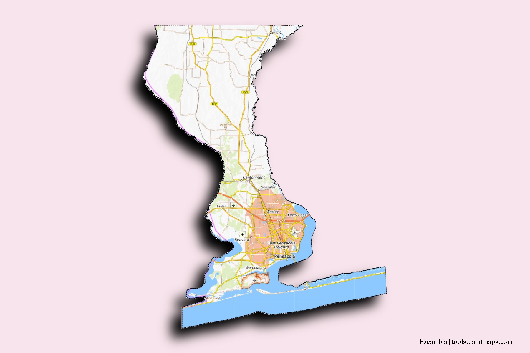 Escambia neighborhoods and villages map with 3D shadow effect