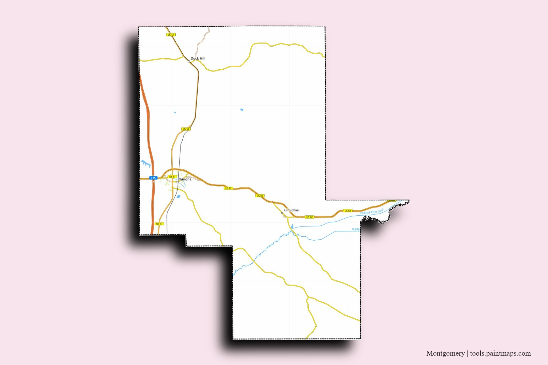 Mapa de barrios y pueblos de Montgomery con efecto de sombra 3D