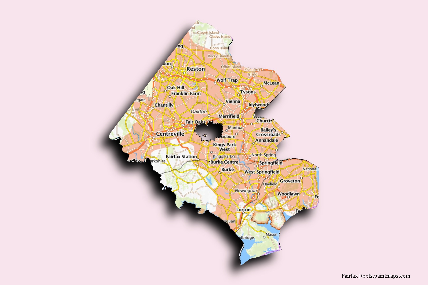 Fairfax neighborhoods and villages map with 3D shadow effect