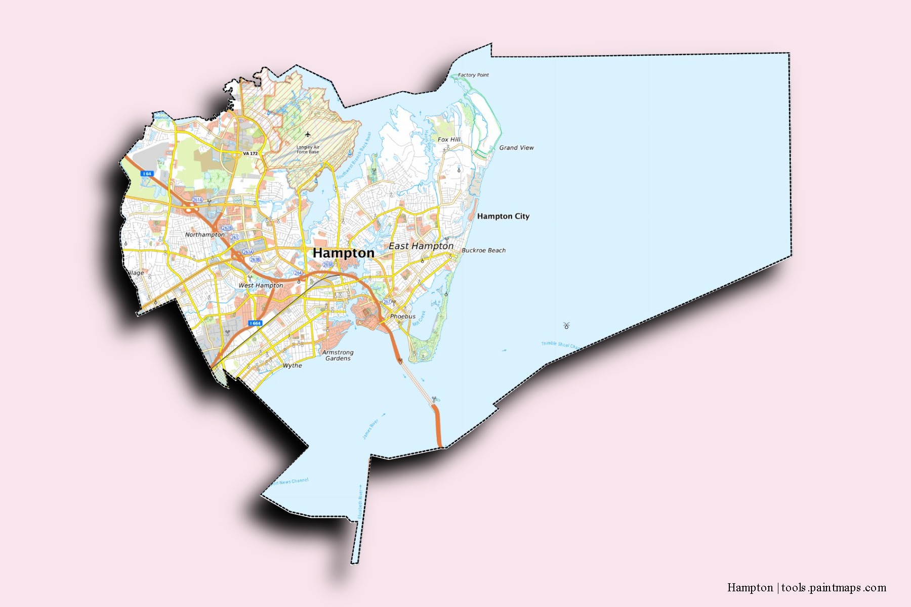 Hampton neighborhoods and villages map with 3D shadow effect