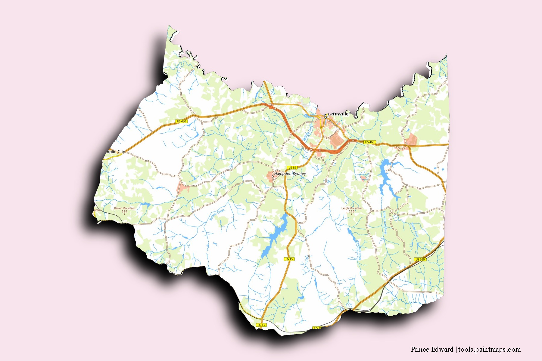 Mapa de barrios y pueblos de Prince Edward con efecto de sombra 3D