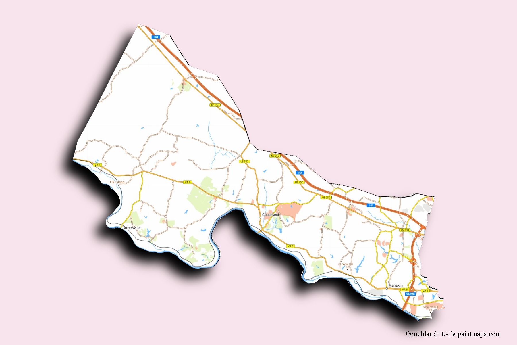 Mapa de barrios y pueblos de Goochland con efecto de sombra 3D