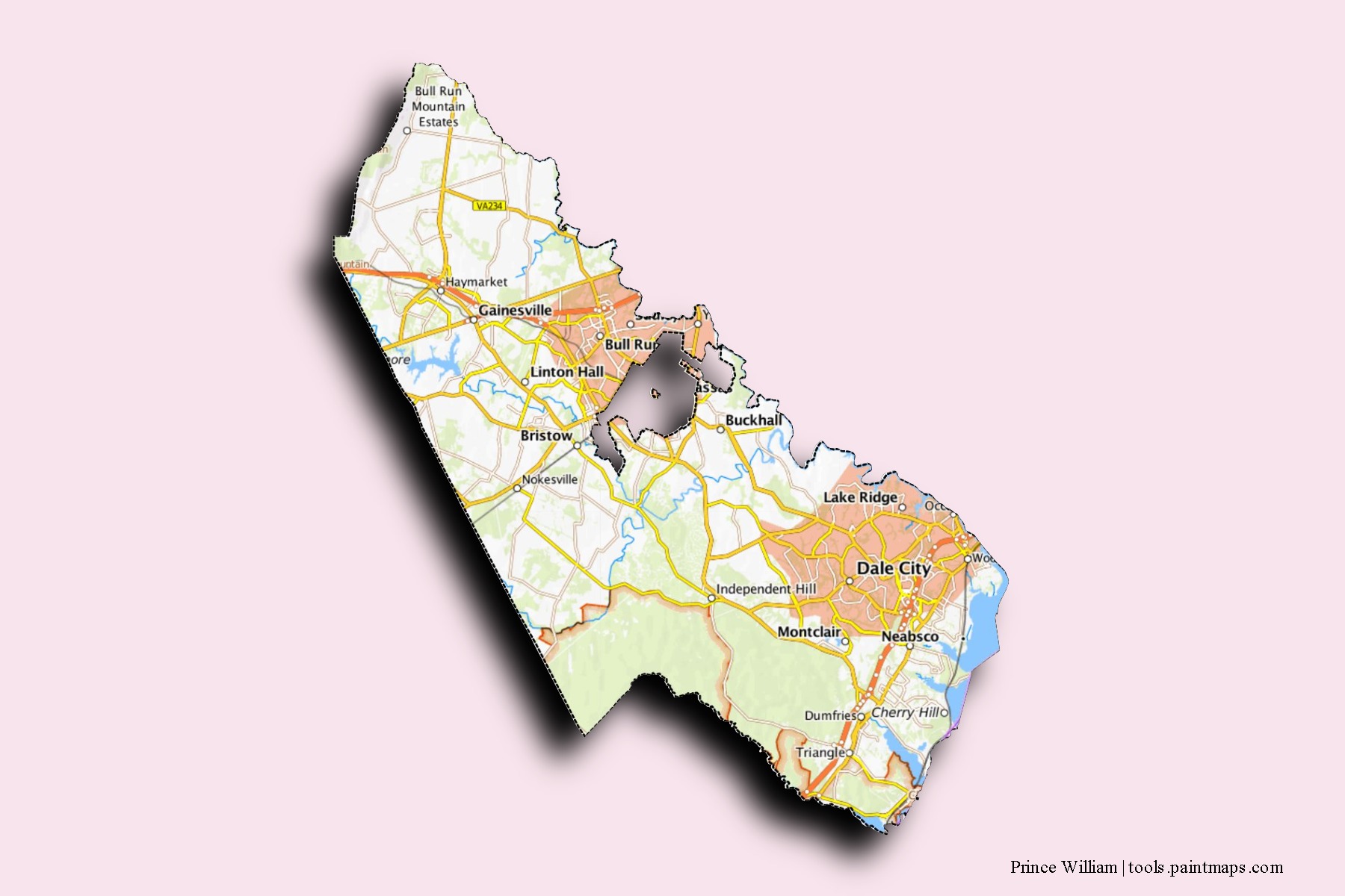 Prince William neighborhoods and villages map with 3D shadow effect