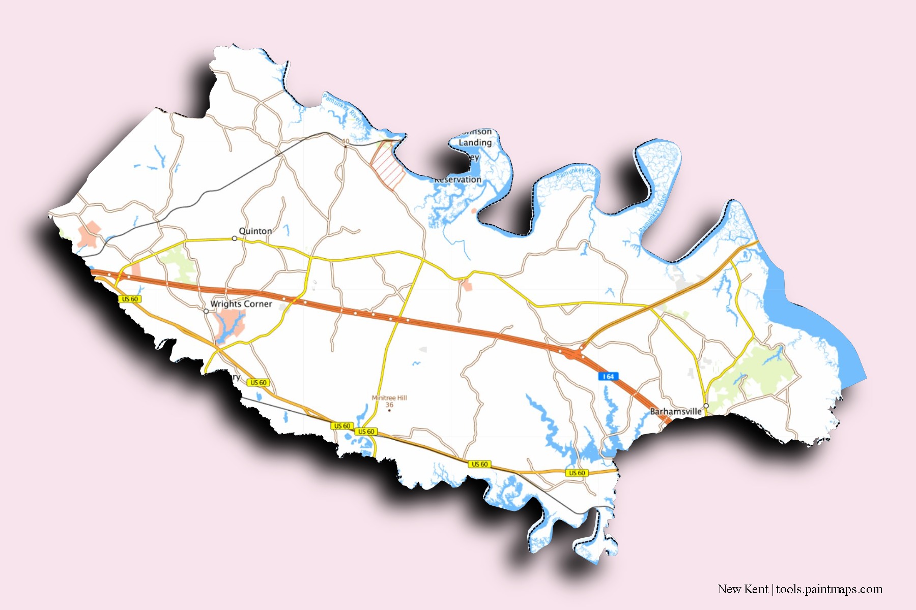 3D gölge efektli New Kent County mahalleleri ve köyleri haritası