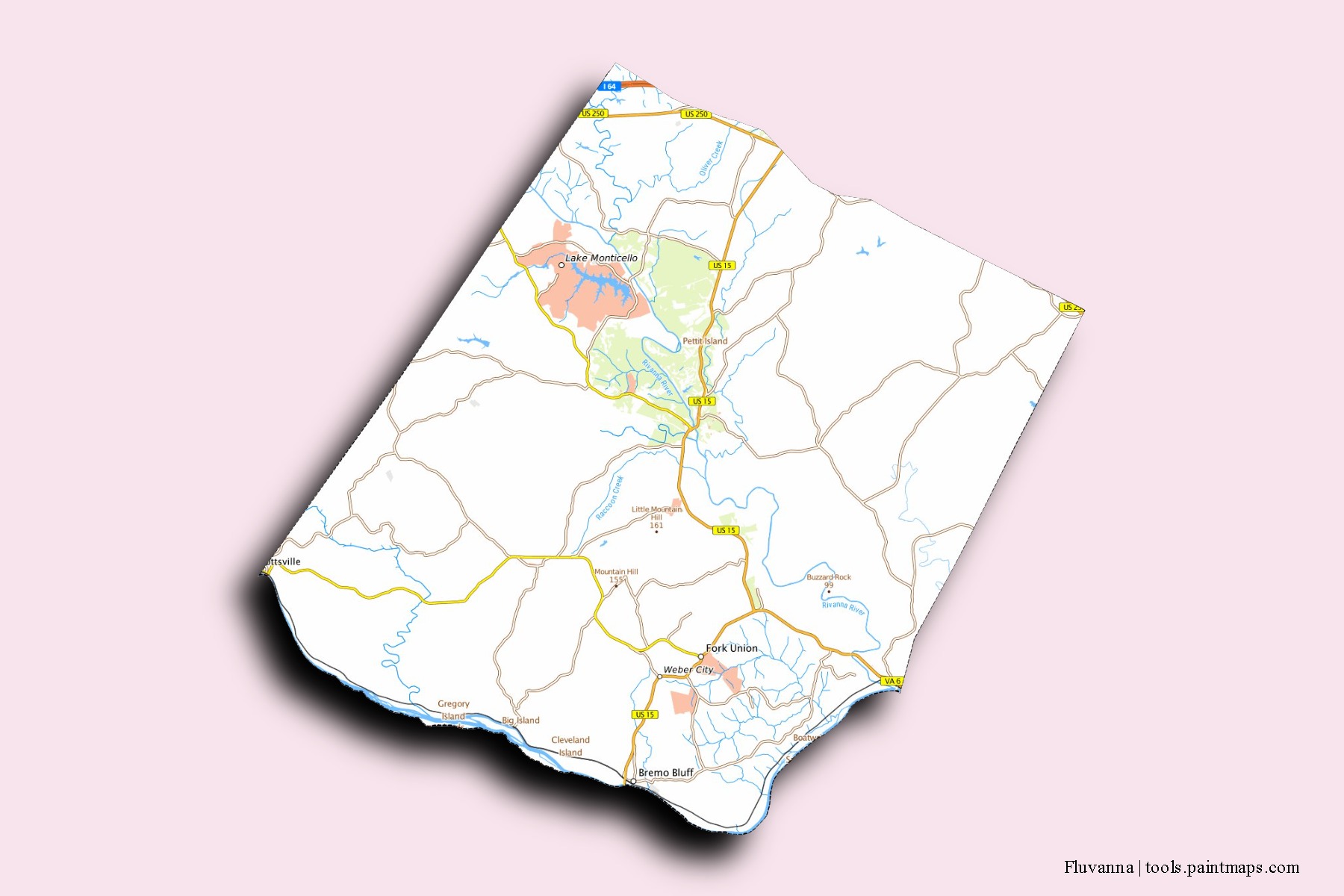 Fluvanna neighborhoods and villages map with 3D shadow effect