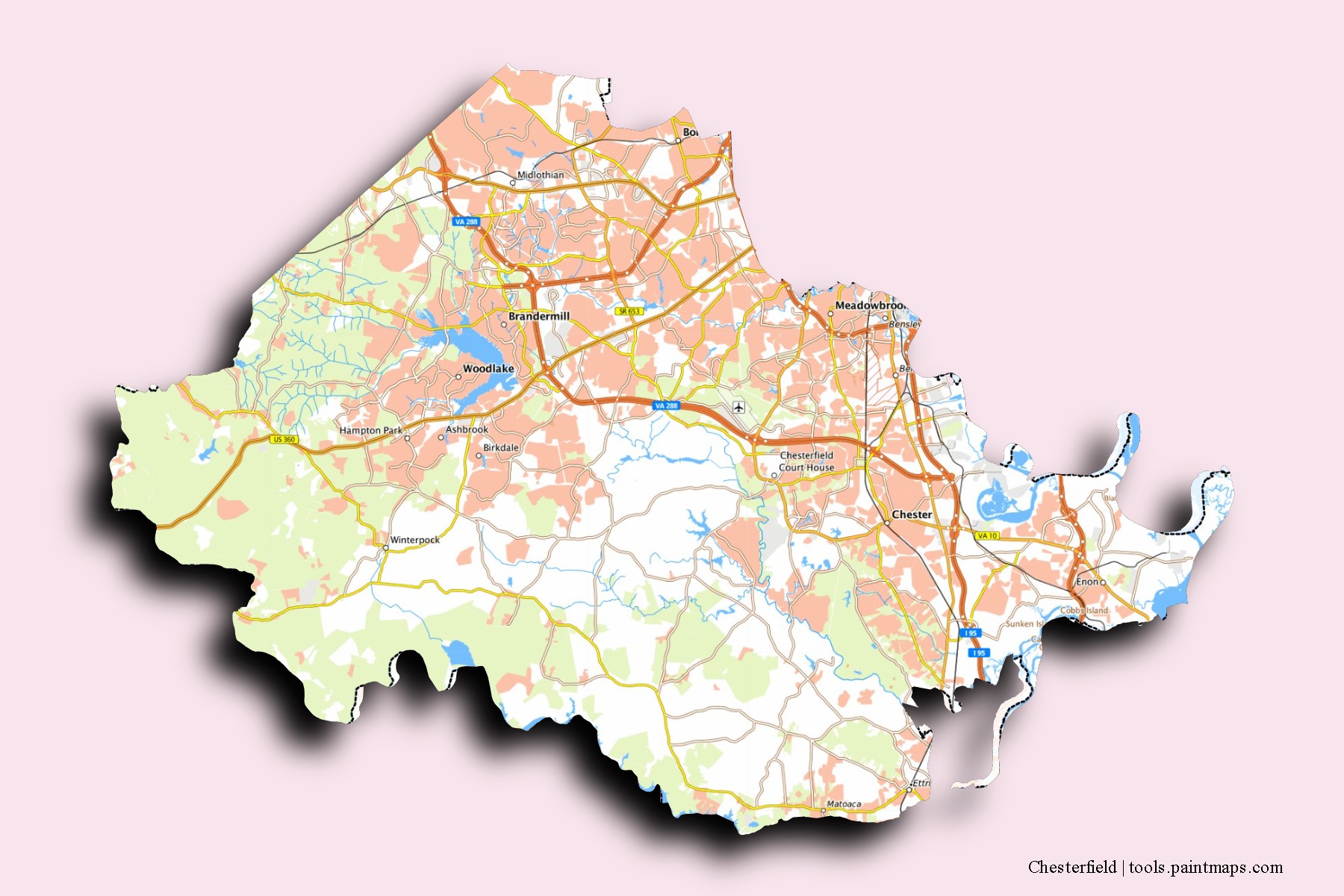 Chesterfield neighborhoods and villages map with 3D shadow effect