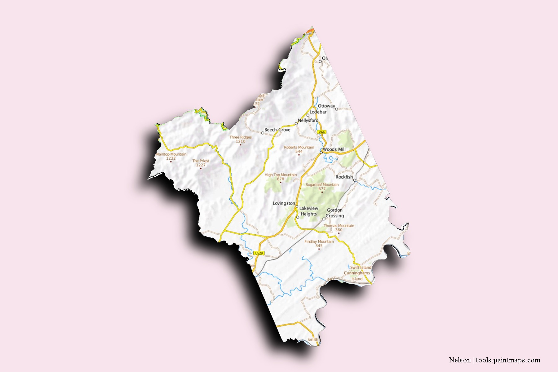 Mapa de barrios y pueblos de Nelson con efecto de sombra 3D