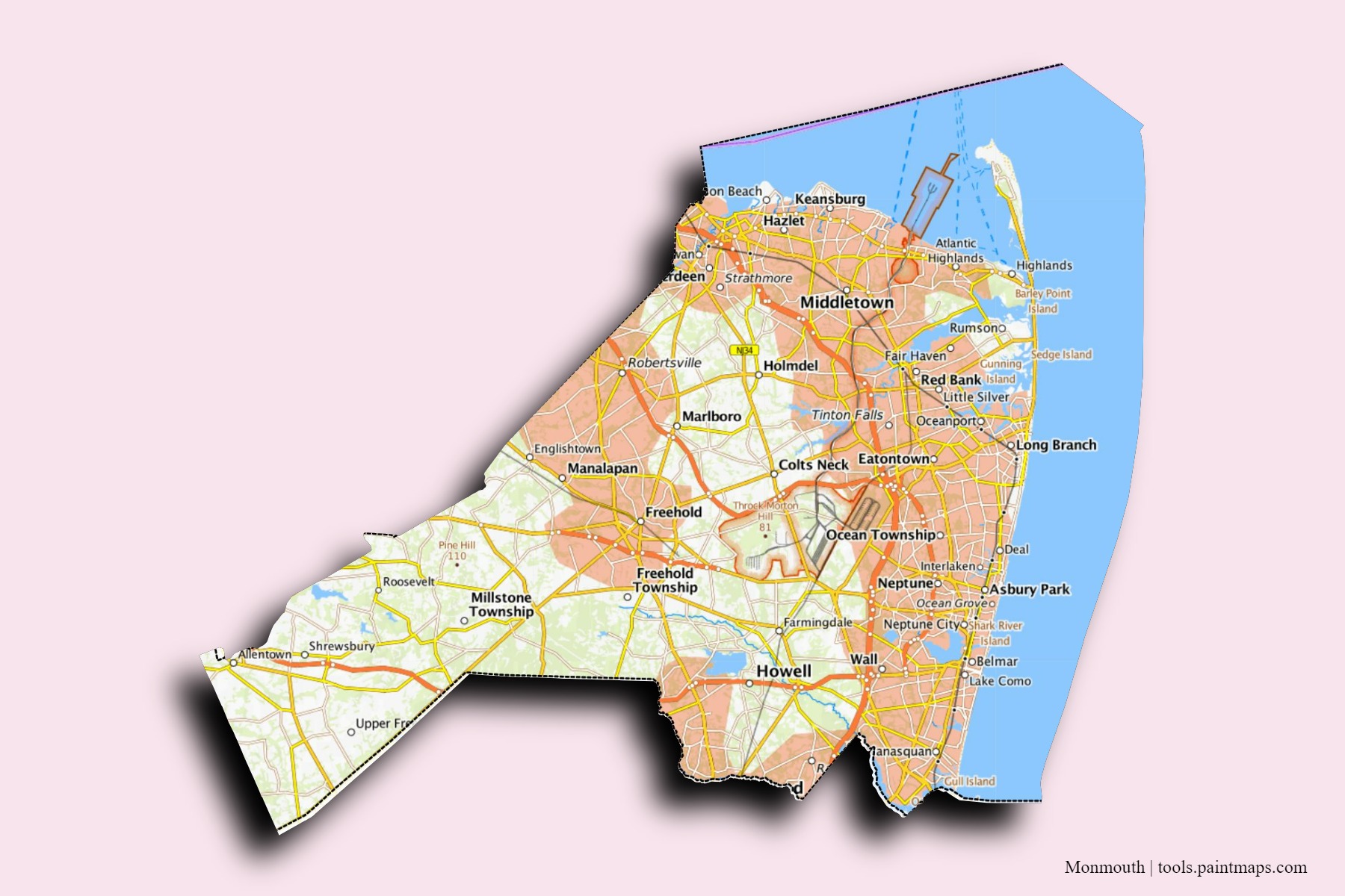 Mapa de barrios y pueblos de Monmouth con efecto de sombra 3D