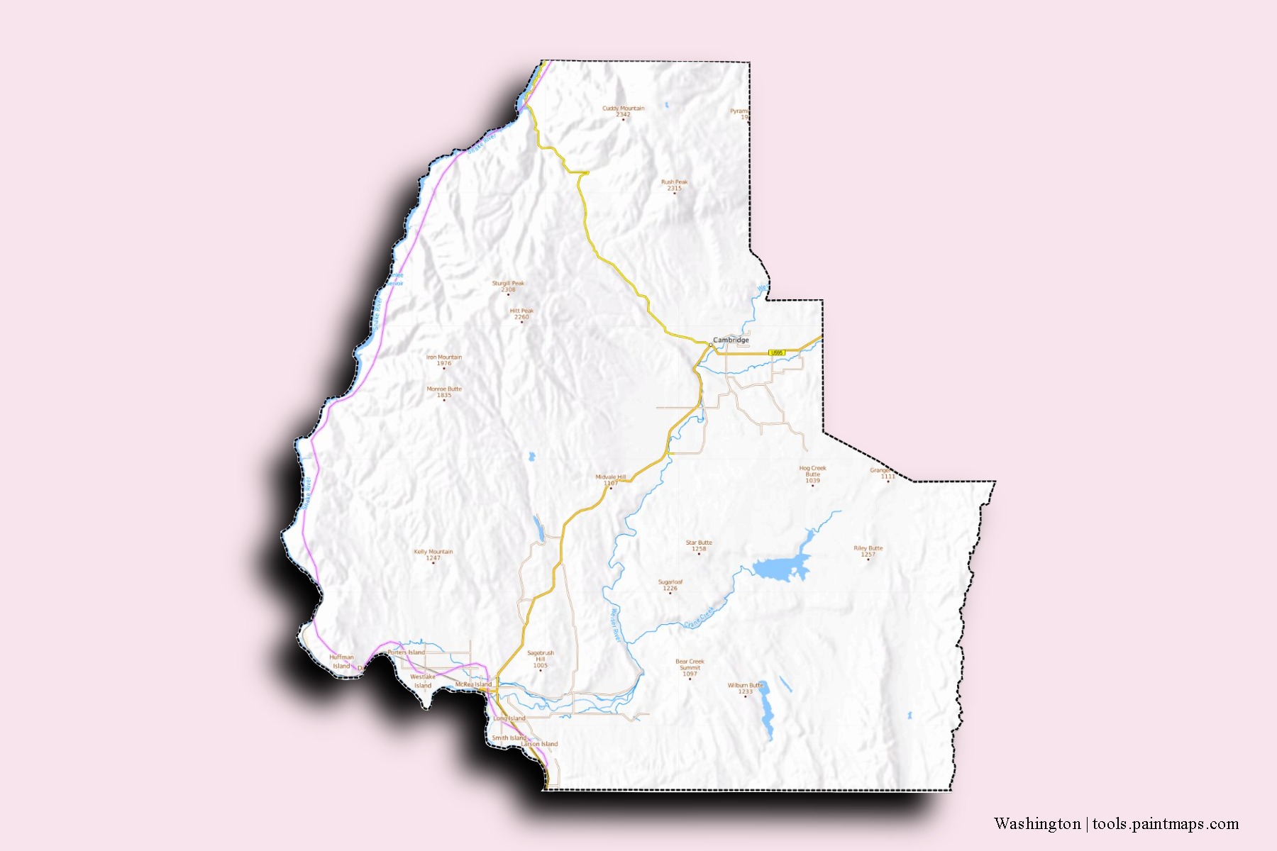 Mapa de barrios y pueblos de Washington con efecto de sombra 3D