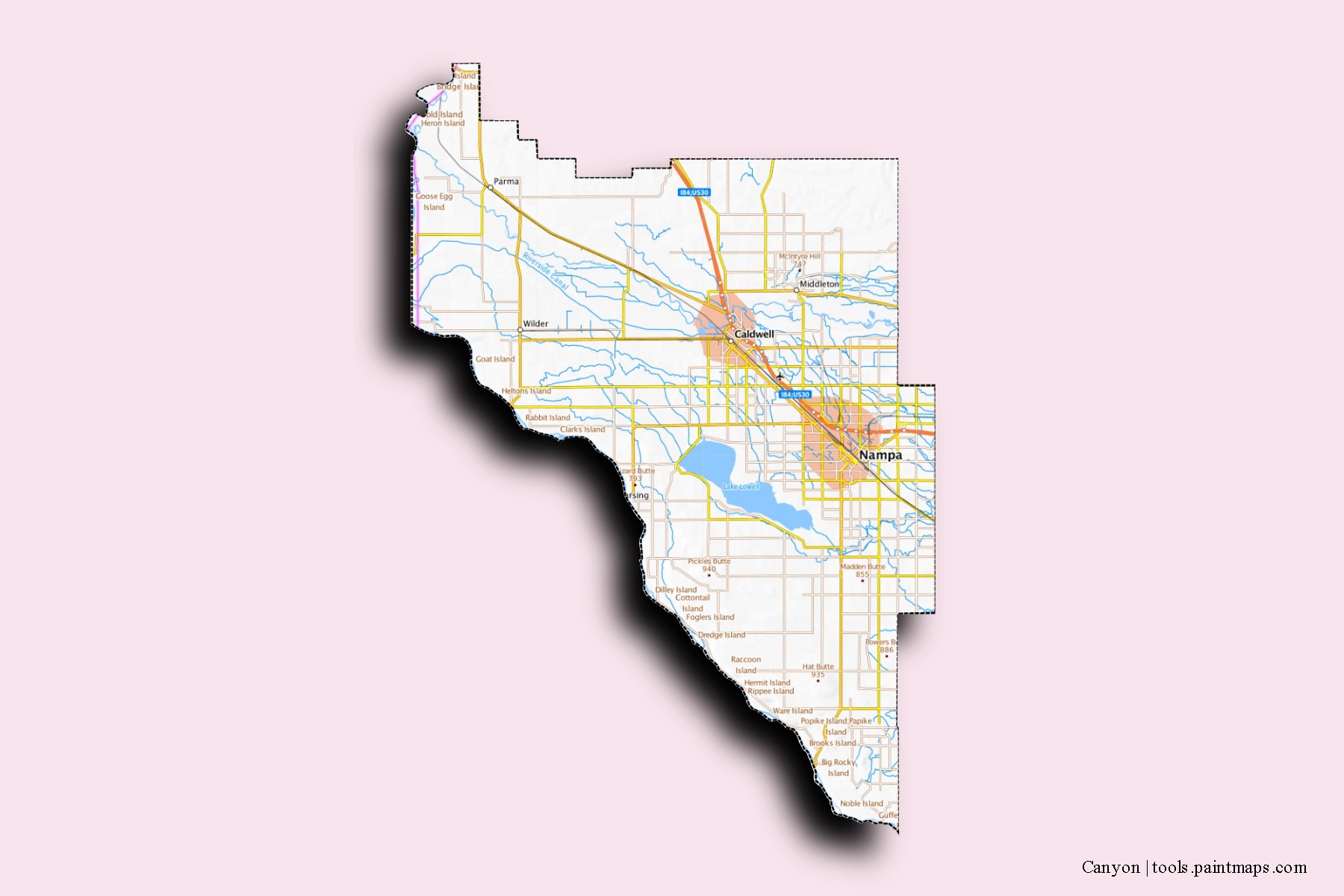 Canyon neighborhoods and villages map with 3D shadow effect