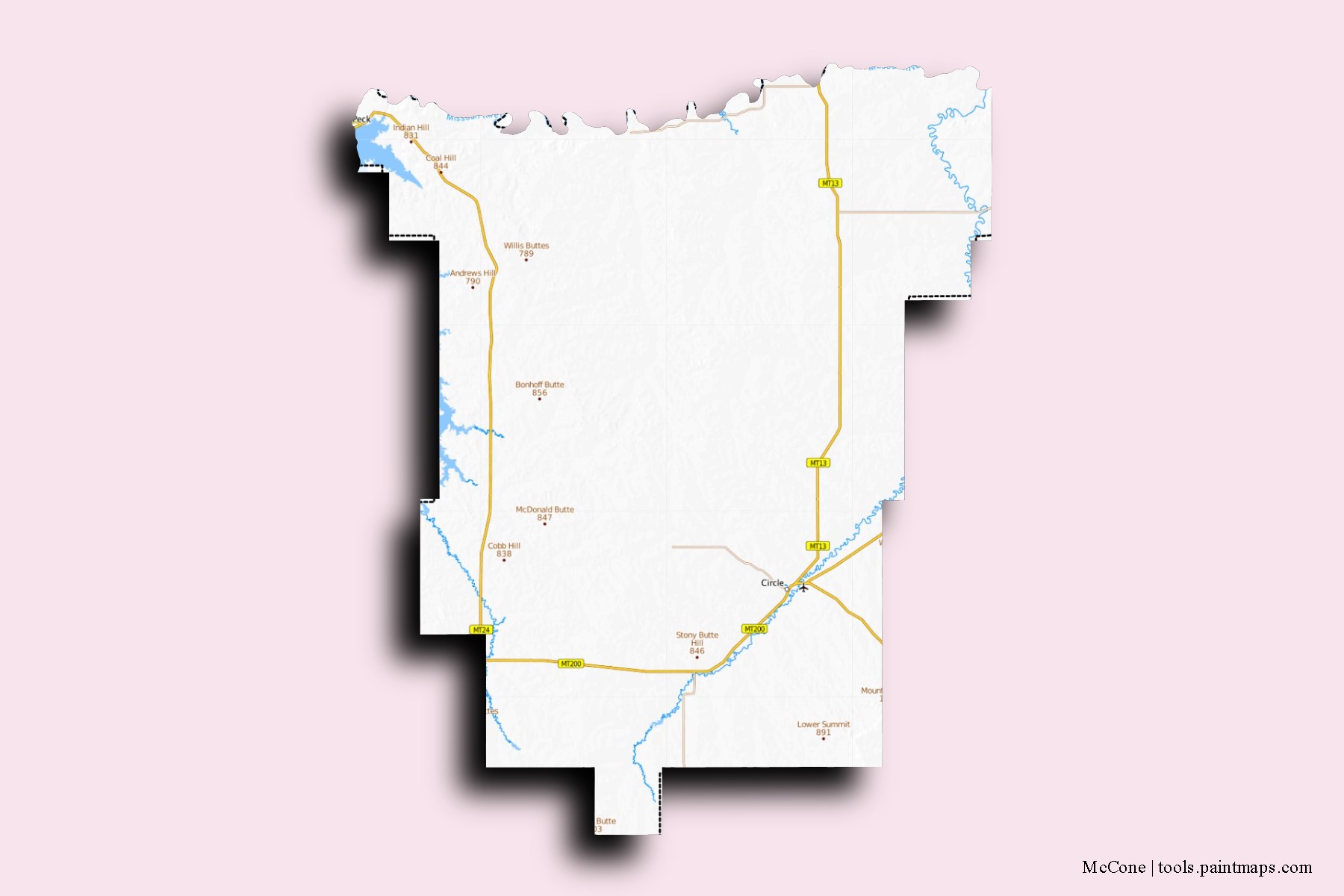 McCone neighborhoods and villages map with 3D shadow effect