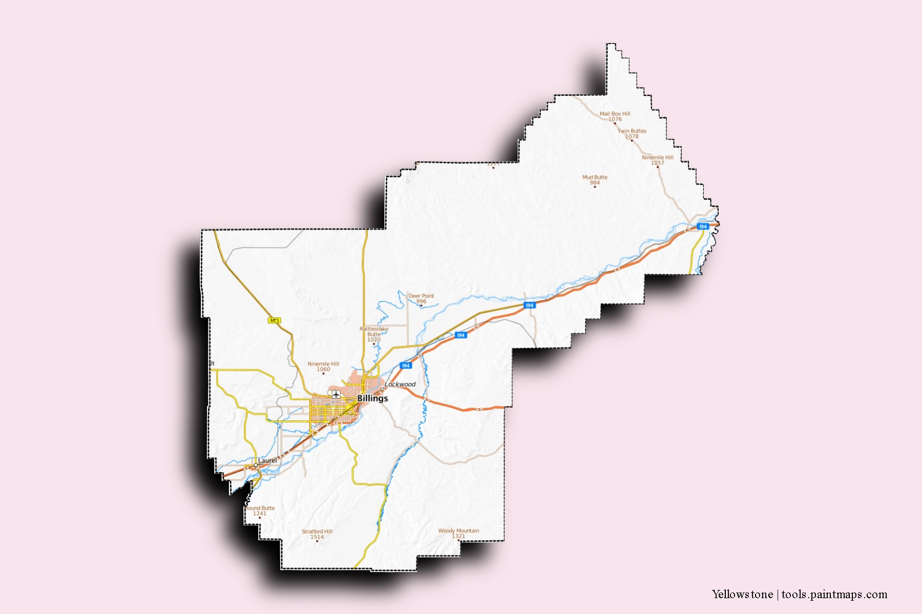 3D gölge efektli Yellowstone County mahalleleri ve köyleri haritası