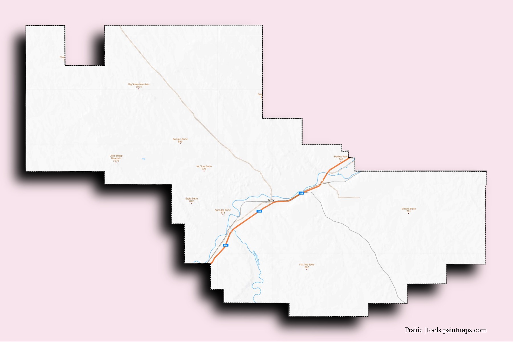 Mapa de barrios y pueblos de Prairie con efecto de sombra 3D