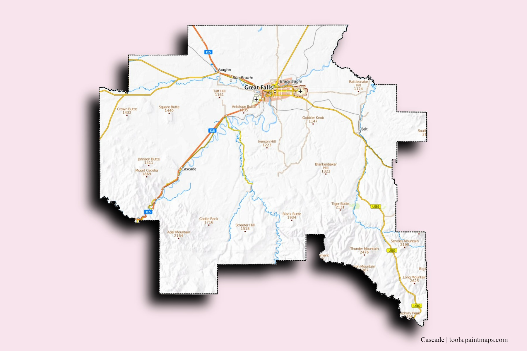 Cascade neighborhoods and villages map with 3D shadow effect