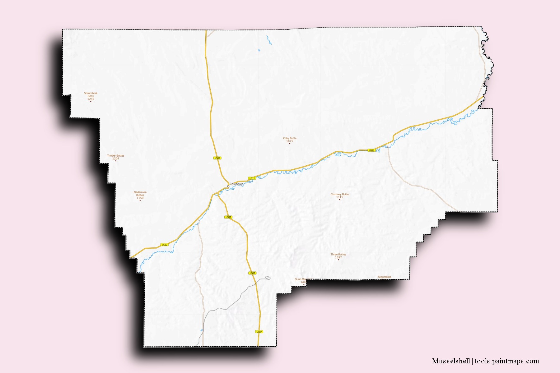 Mapa de barrios y pueblos de Musselshell con efecto de sombra 3D