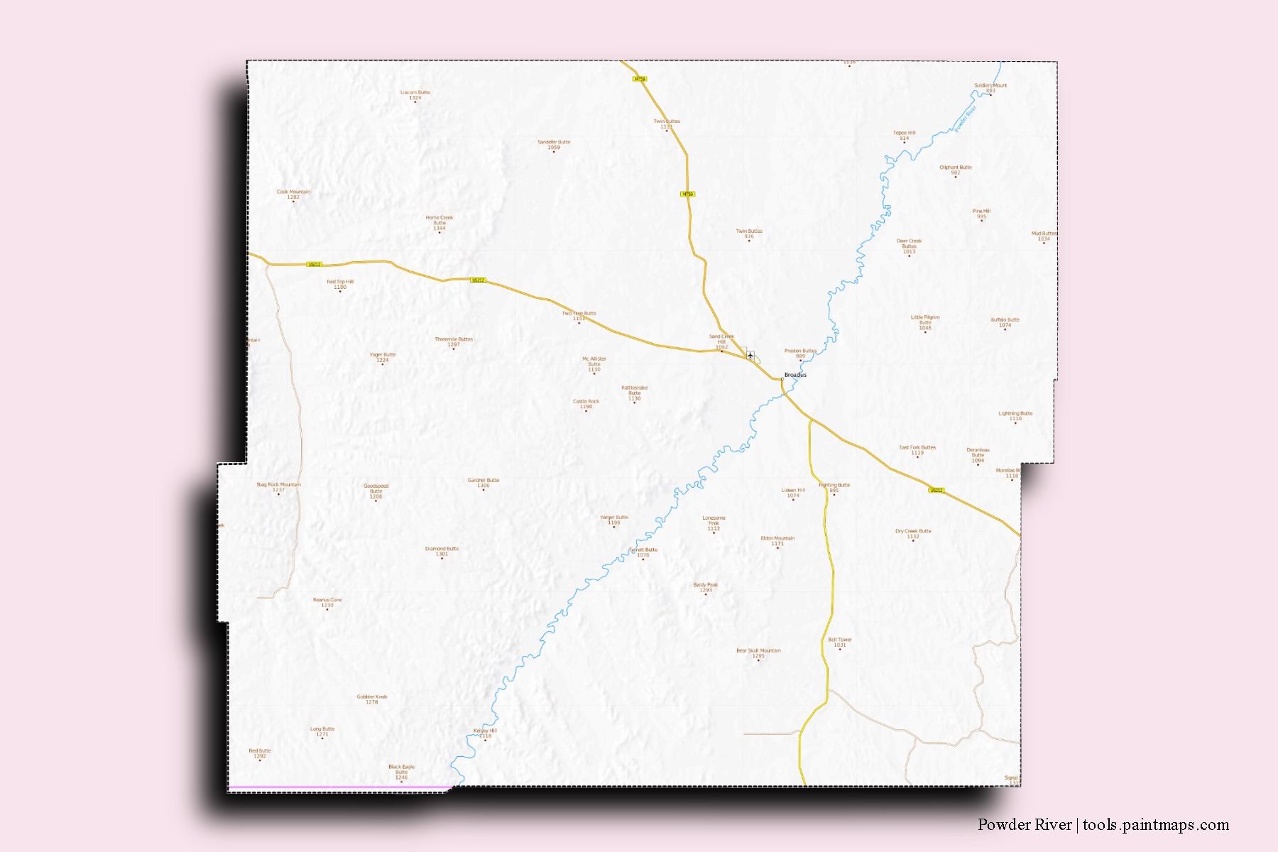 Powder River neighborhoods and villages map with 3D shadow effect