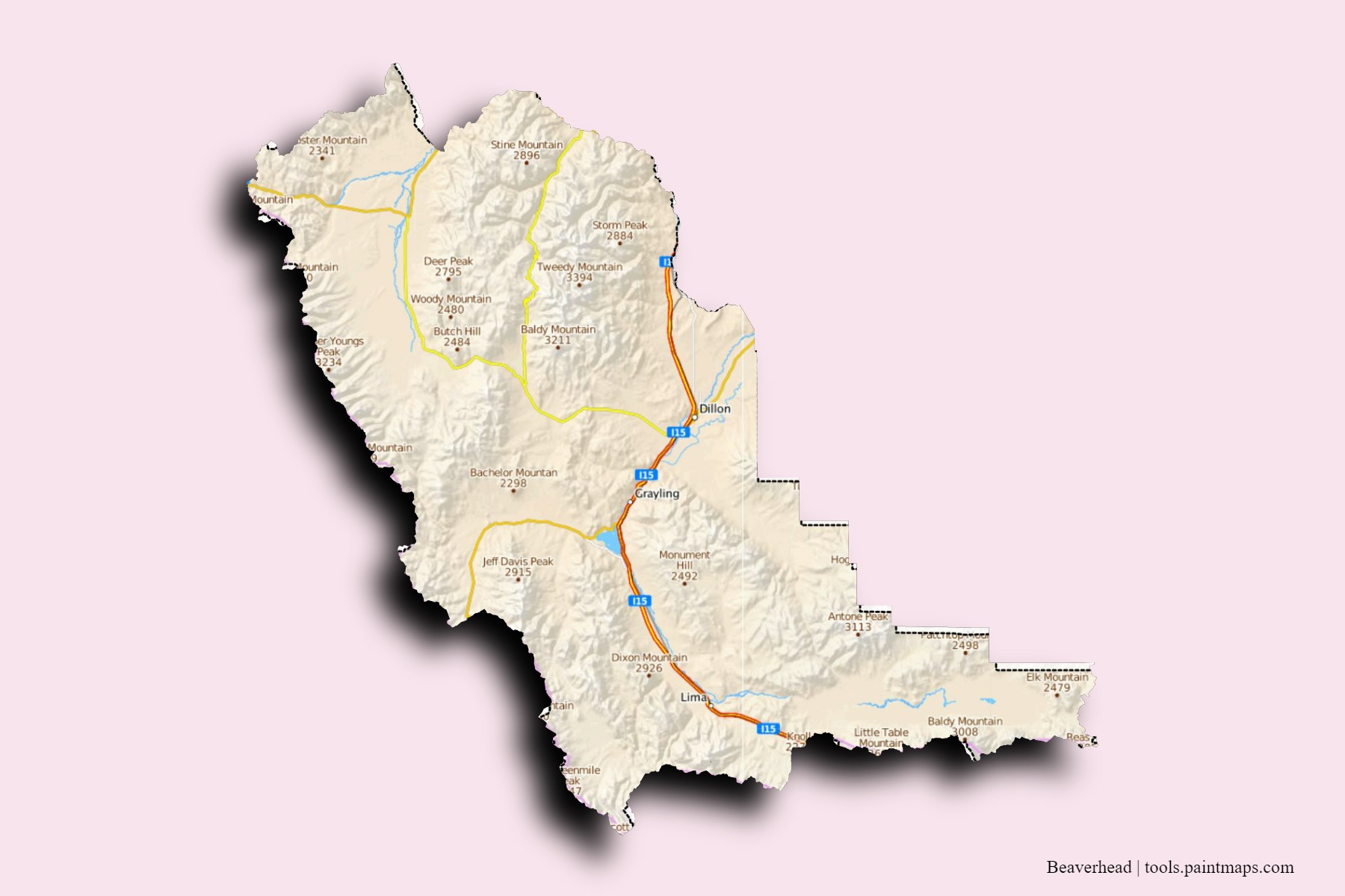 Beaverhead neighborhoods and villages map with 3D shadow effect