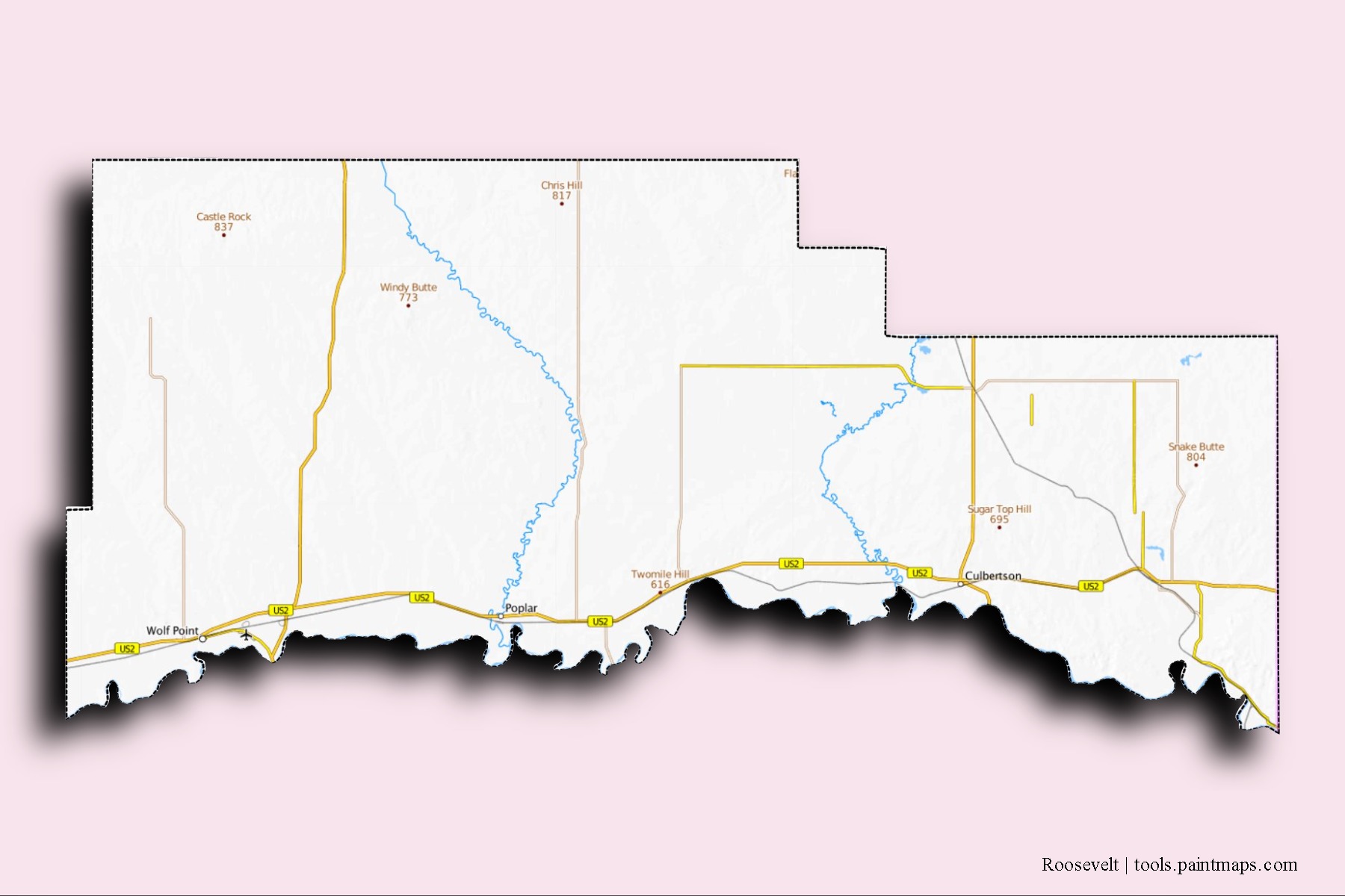 Roosevelt neighborhoods and villages map with 3D shadow effect