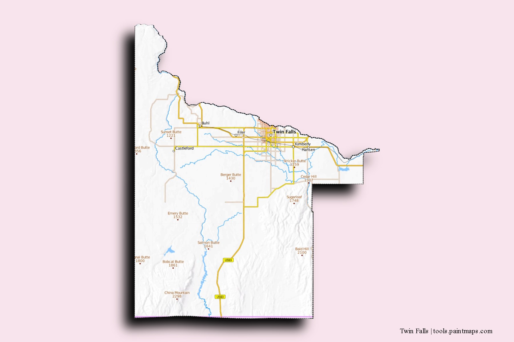 Twin Falls neighborhoods and villages map with 3D shadow effect