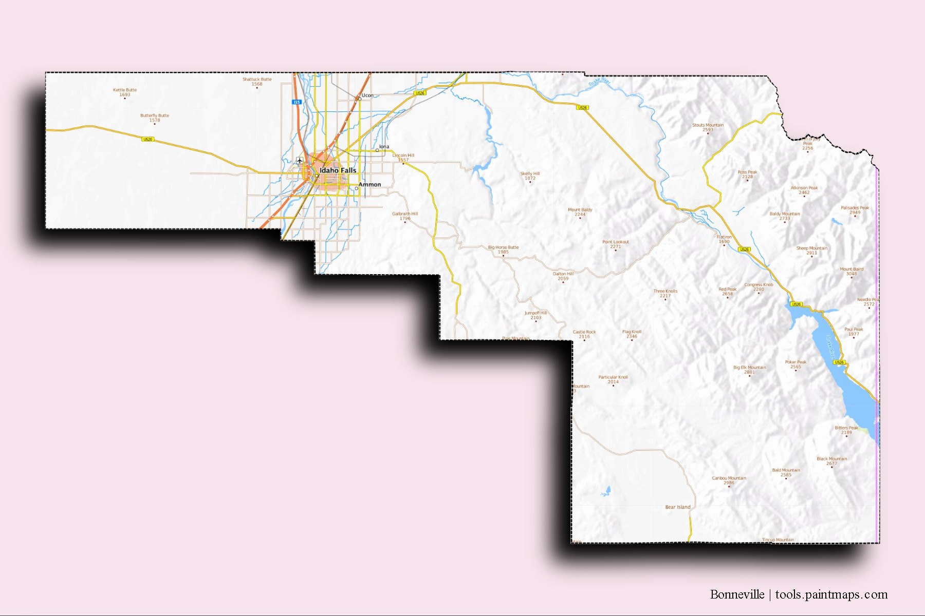 3D gölge efektli Bonneville County mahalleleri ve köyleri haritası